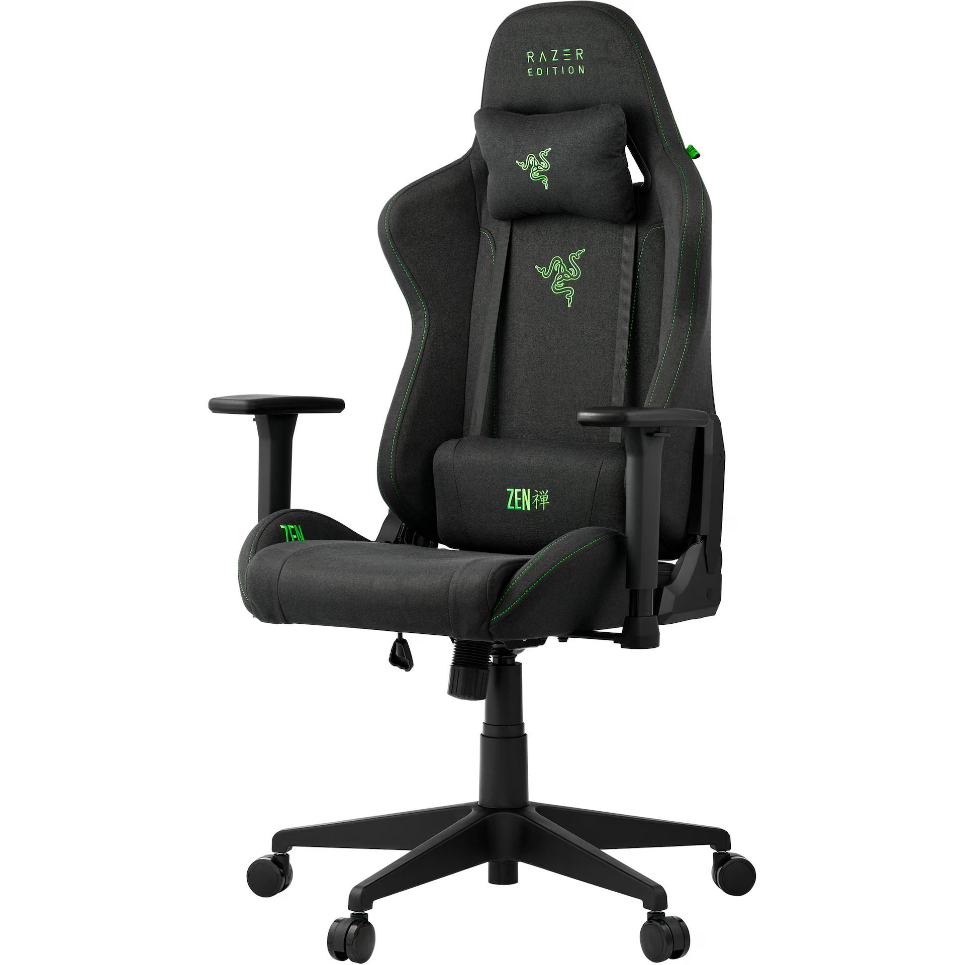 Una sedia da gaming Razer nera con cuciture e loghi verdi, incluso cuscino poggiatesta.