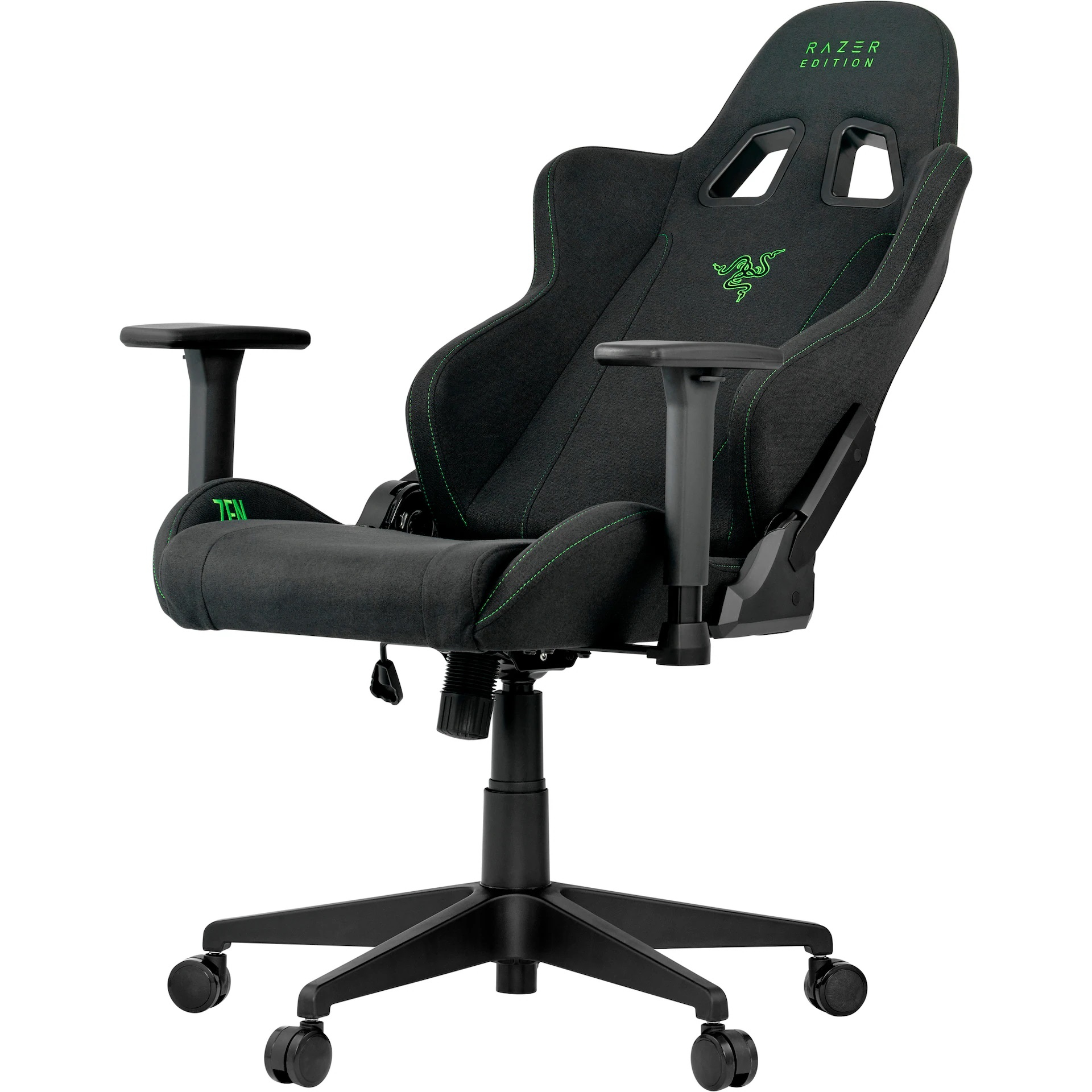 Sedia gaming Razer nera con accenti verdi e logo. Braccioli e ruote regolabili.