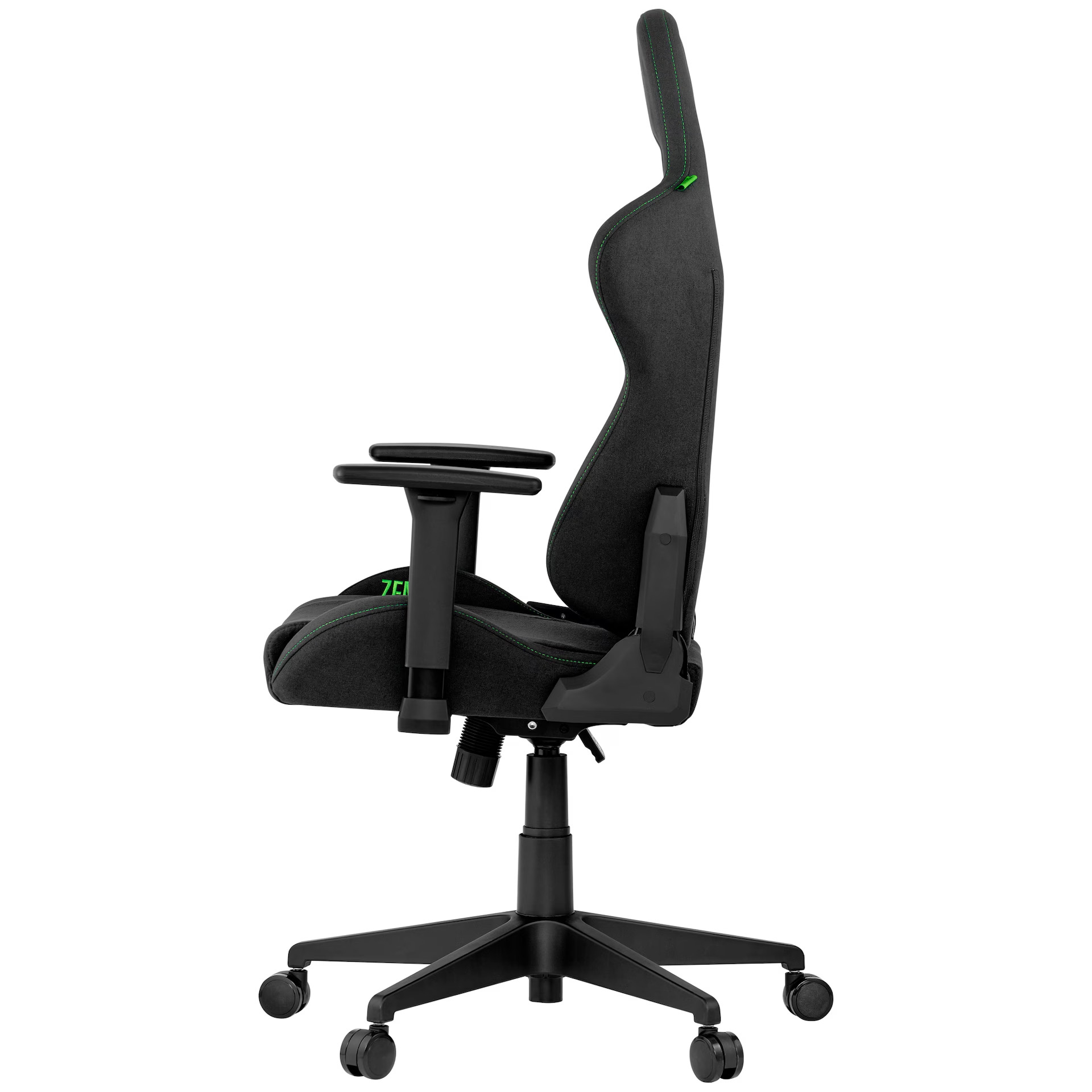 Sedia da gaming nera con cuciture verdi e braccioli su ruote.