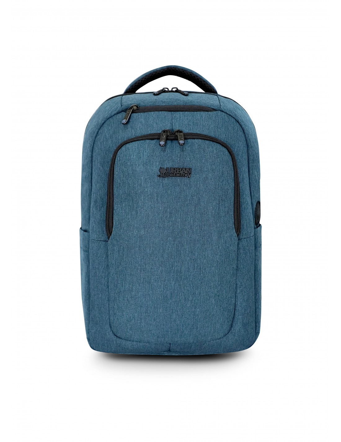 Blauer Rucksack mit Reißverschlusstaschen und Logo.