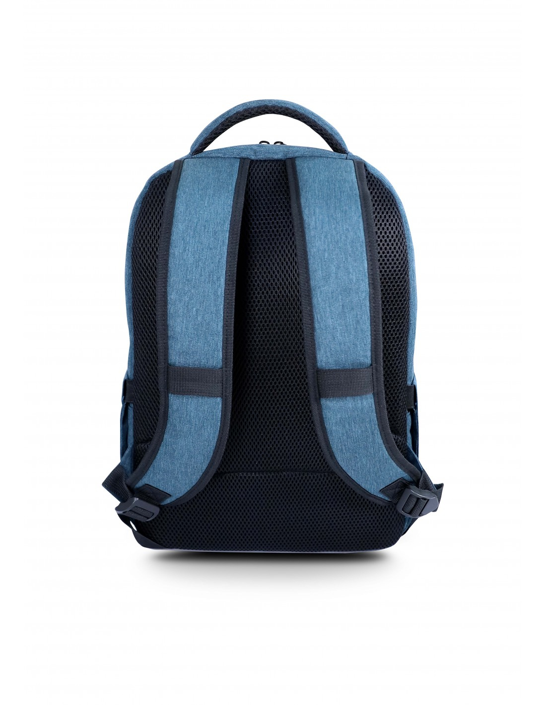 Rückansicht eines blauen Rucksacks mit gepolsterten Schultergurten und Netzrücken.