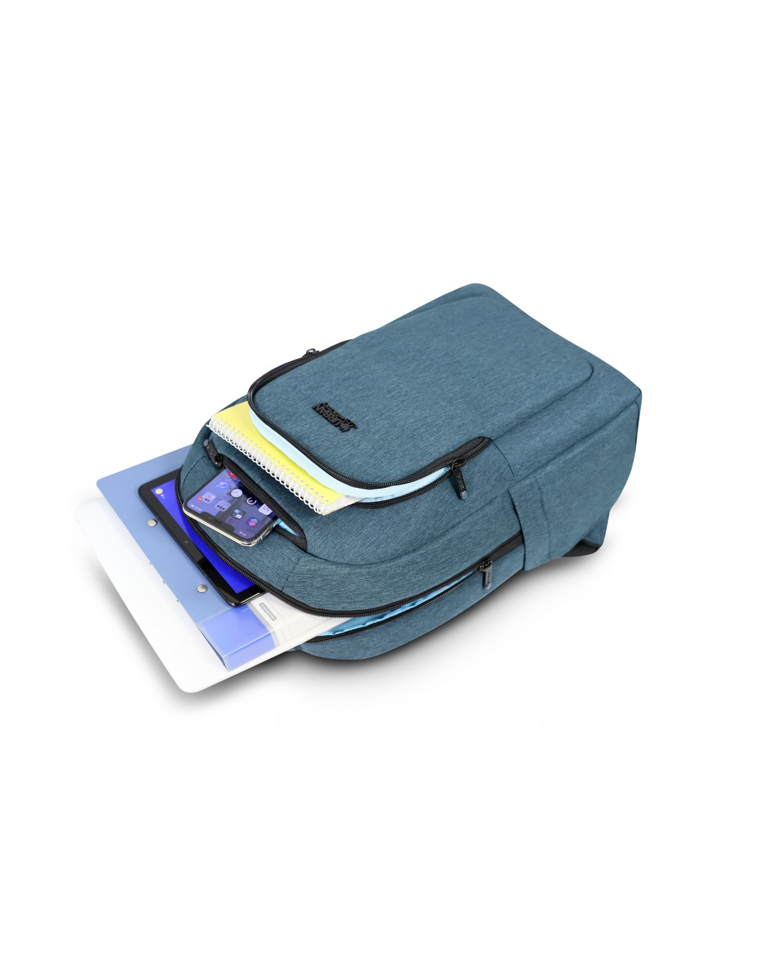 Ein blauer Rucksack mit geöffnetem Fach, darin ein Tablet, Handy und Notizbuch.