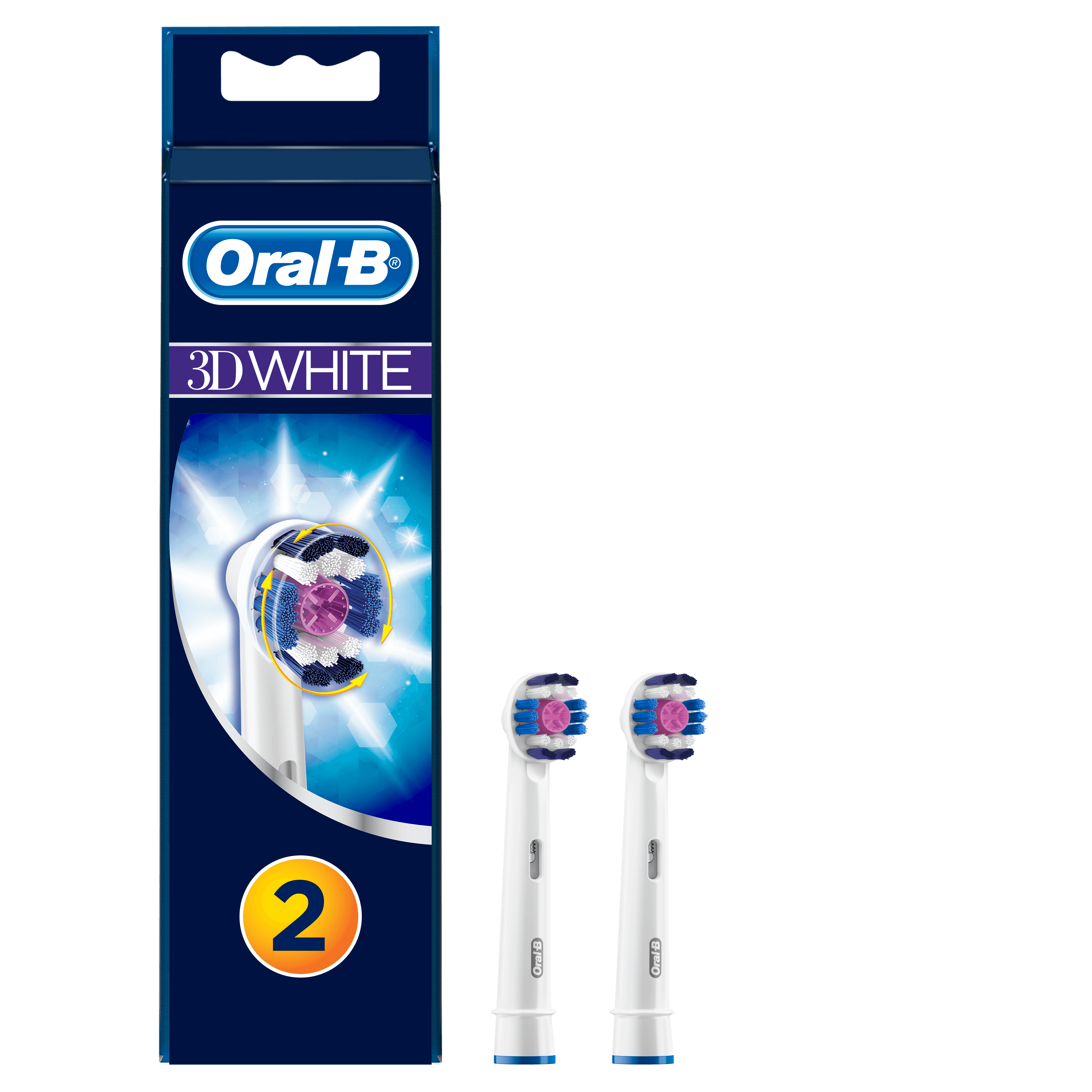 Testine Oral-B 3D White in confezione con due testine mostrate.