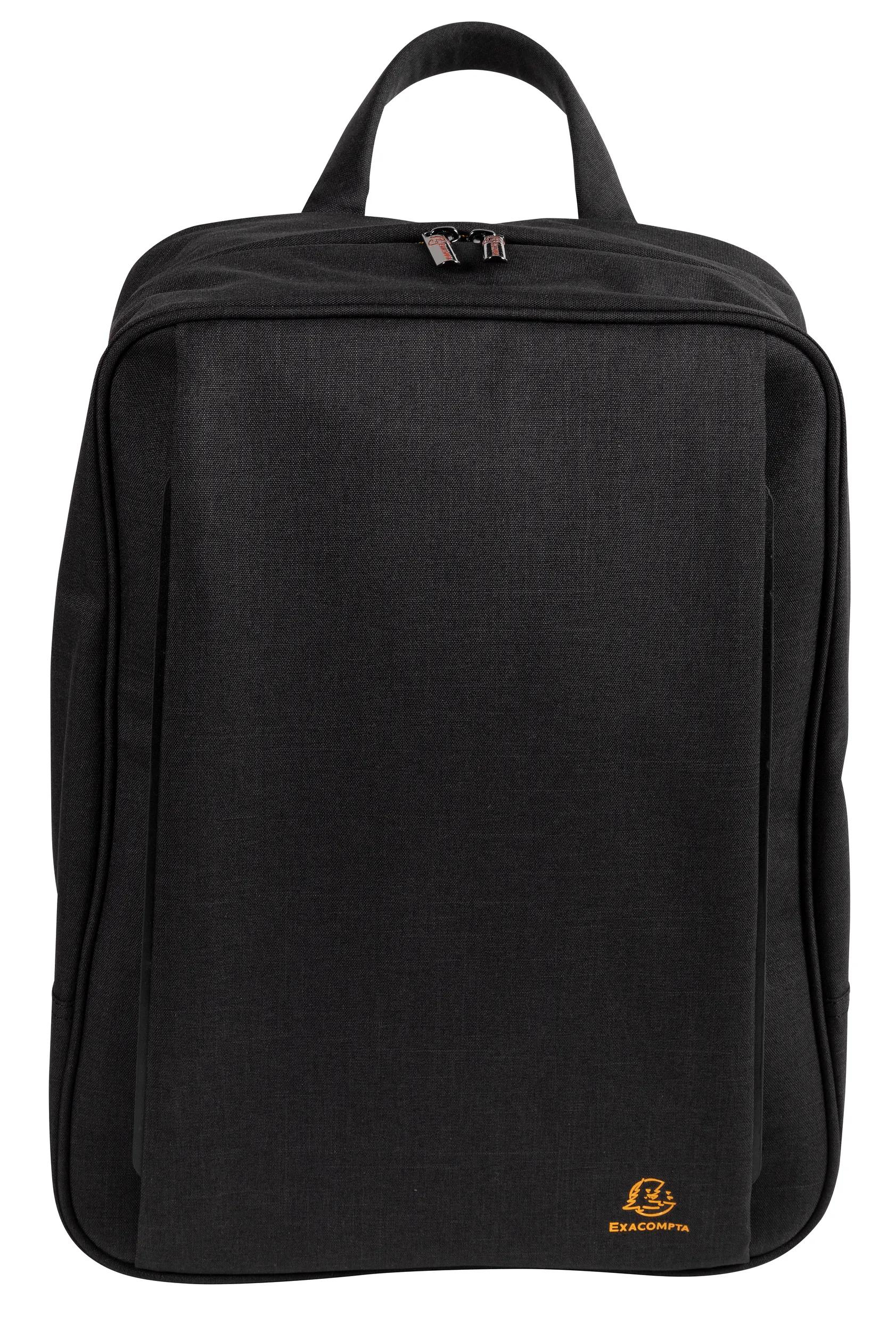 Zaino nero con cerniere e logo arancione su sfondo bianco.