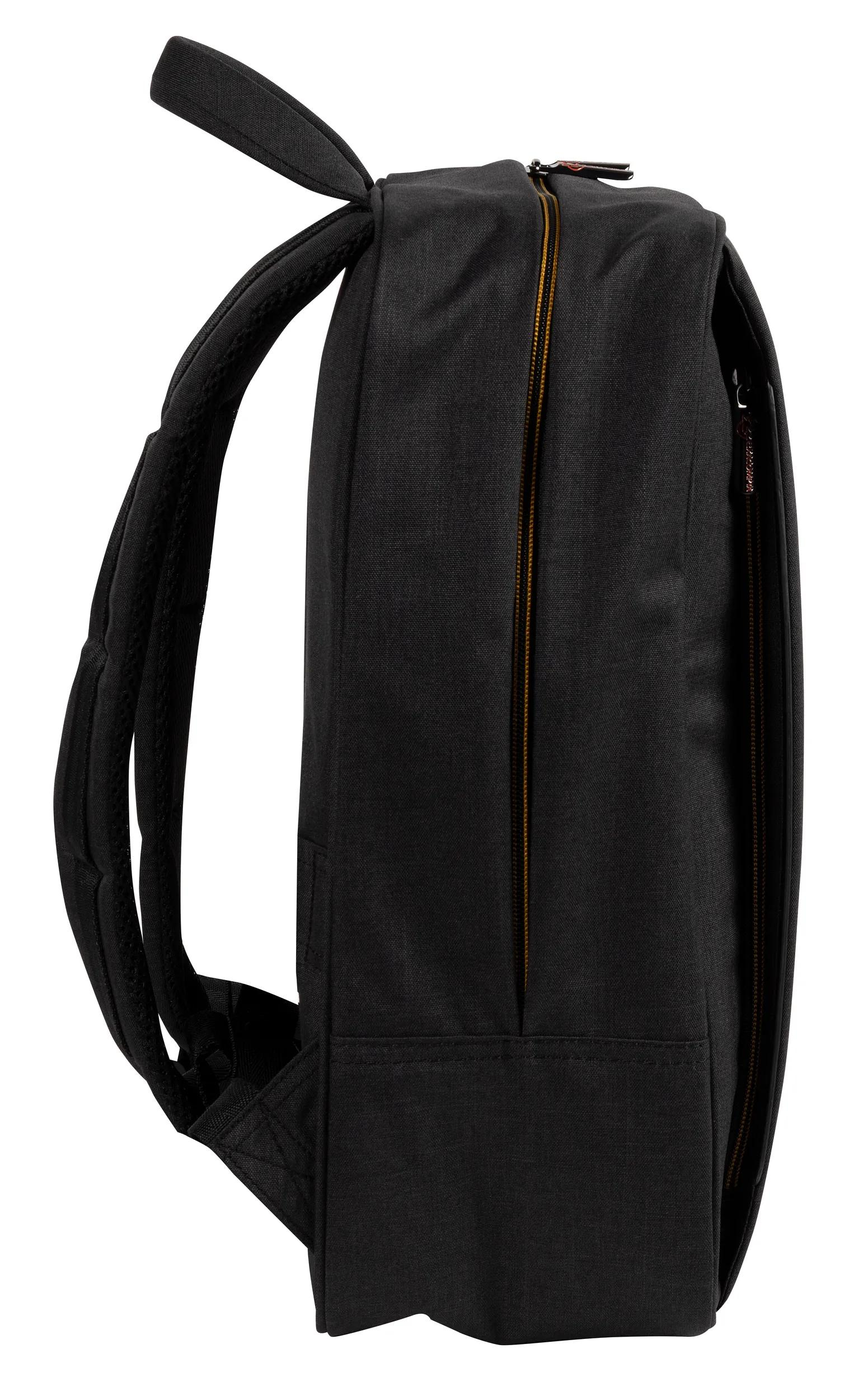 Zaino nero con cerniera e maniglia su sfondo bianco.