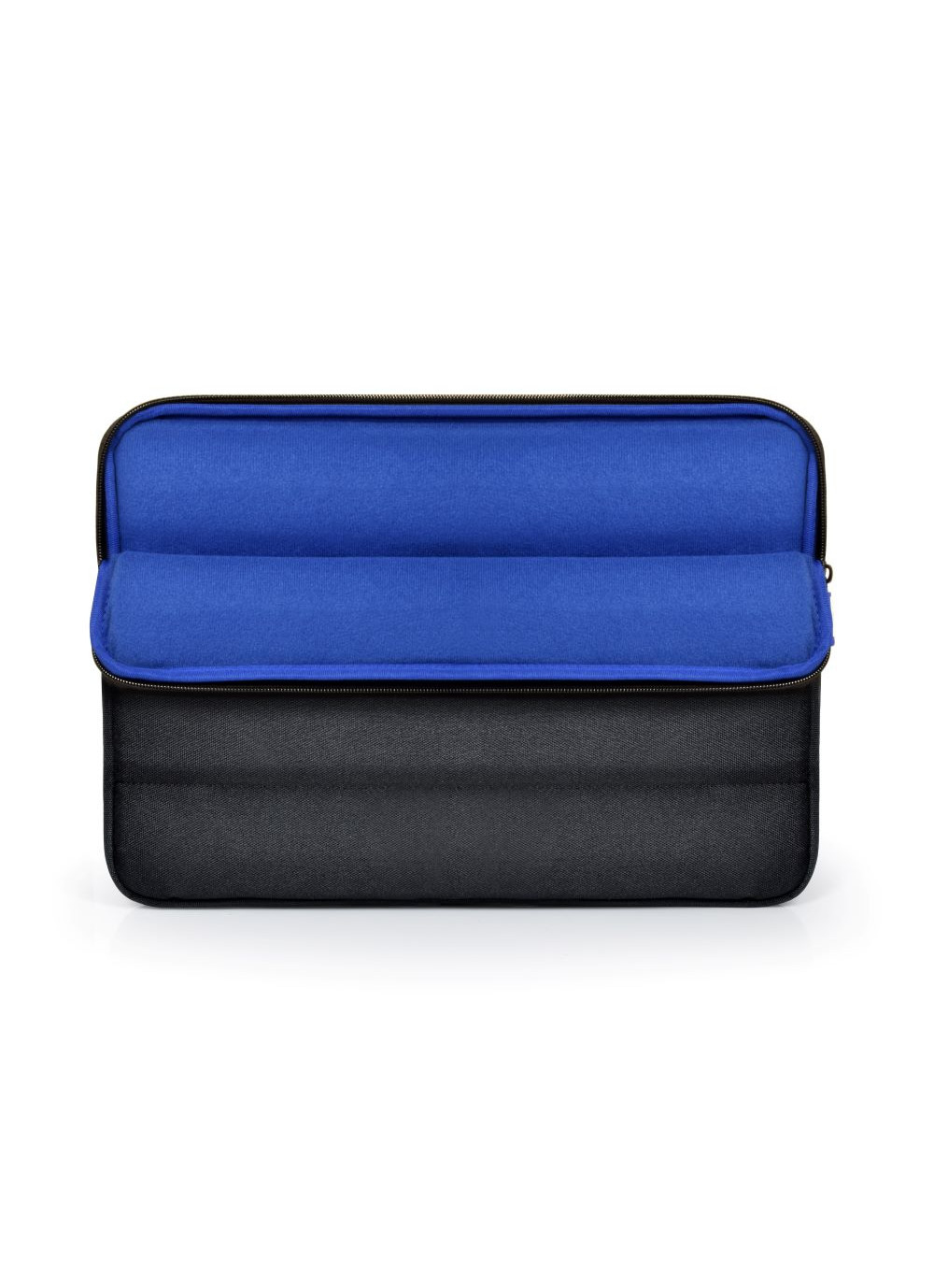 Housse noire pour ordinateur portable avec intérieur bleu, légèrement ouverte zippée.