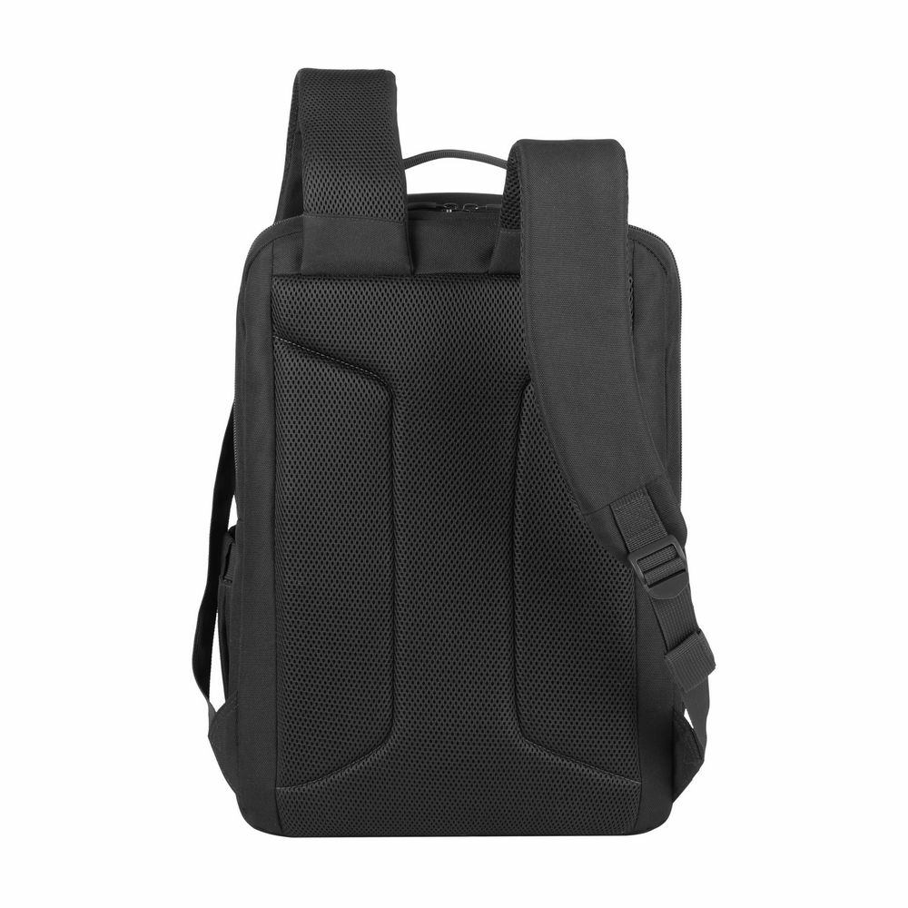 Rückansicht eines schwarzen Rucksacks mit gepolstertem Netzrücken und verstellbaren Trägern.