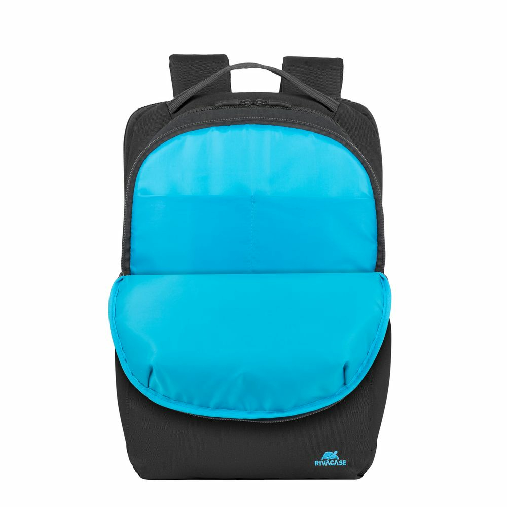 Ein schwarzer Rucksack mit offenem Fach und leuchtend blauer Innenseite.