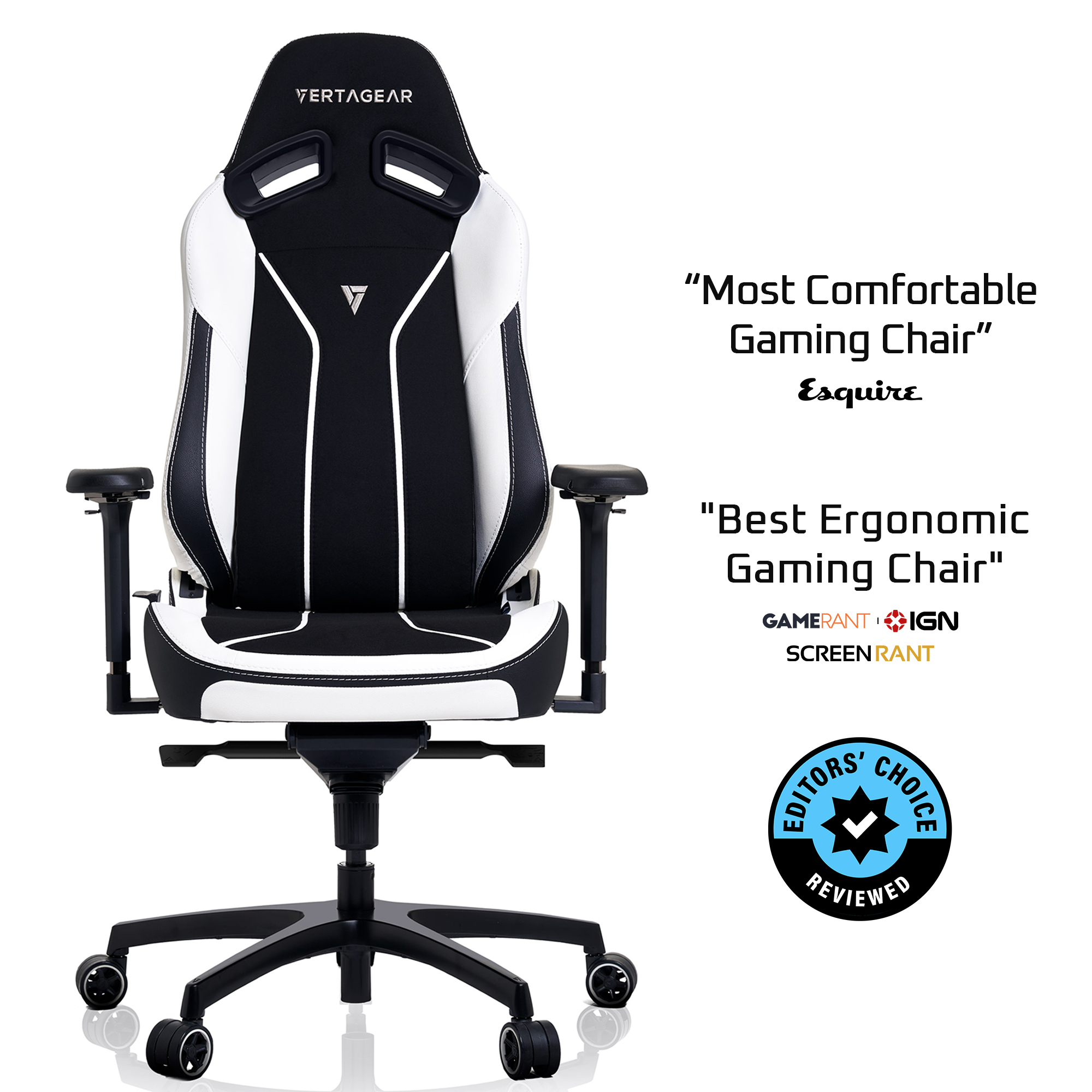Una silla gamer negra y blanca con reposabrazos y ruedas.