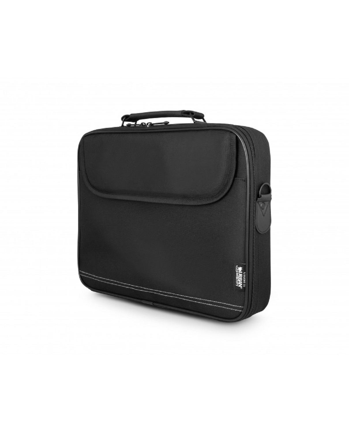 Schwarze Laptoptasche mit Griff und Reißverschluss, auf weißem Grund.