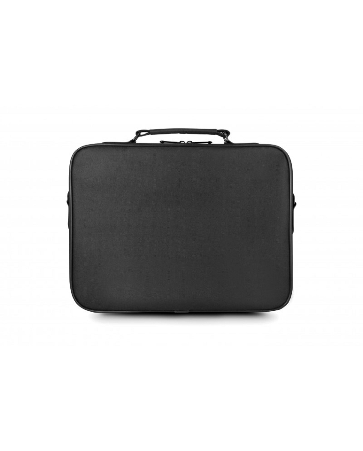 Eine schwarze Laptoptasche mit Tragegriff und Reißverschlüssen, auf weißem Hintergrund.