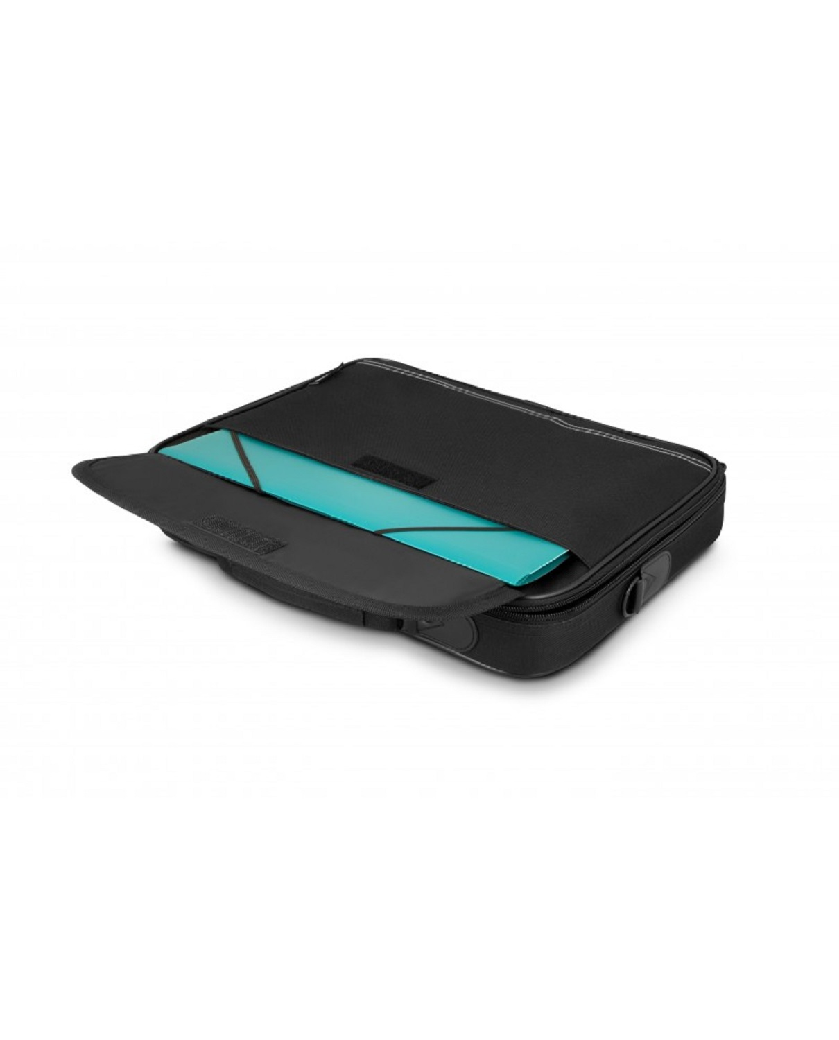 Schwarze Laptoptasche mit hellblauem Ordner im Inneren.