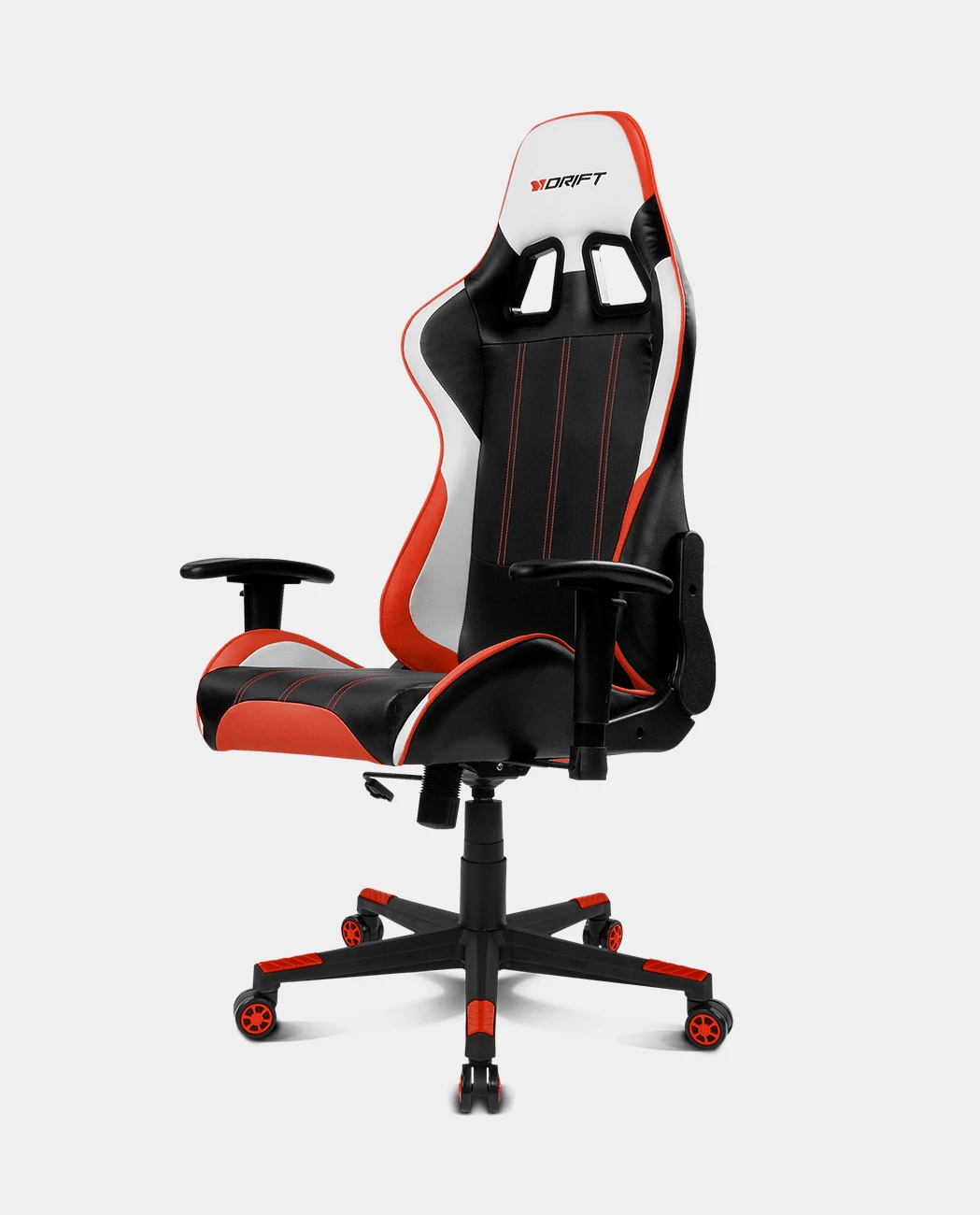 Una silla gamer negra, blanca y roja con el logo DRIFT sobre fondo blanco.