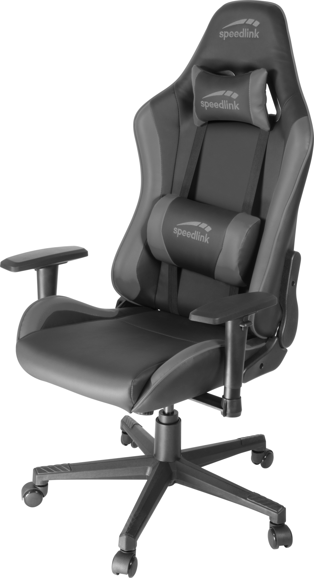 Schwarzer Gaming-Stuhl mit Nackenkissen und Lordosenstütze, verstellbaren Armlehnen und Rollen.