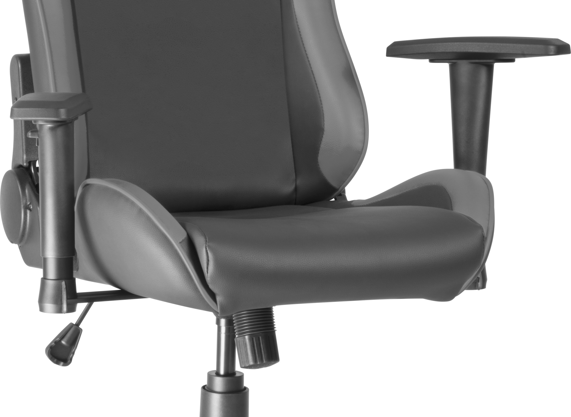 Nahaufnahme eines grau-schwarzen Gaming-Stuhls mit Armlehnen und Sitzdetails.
