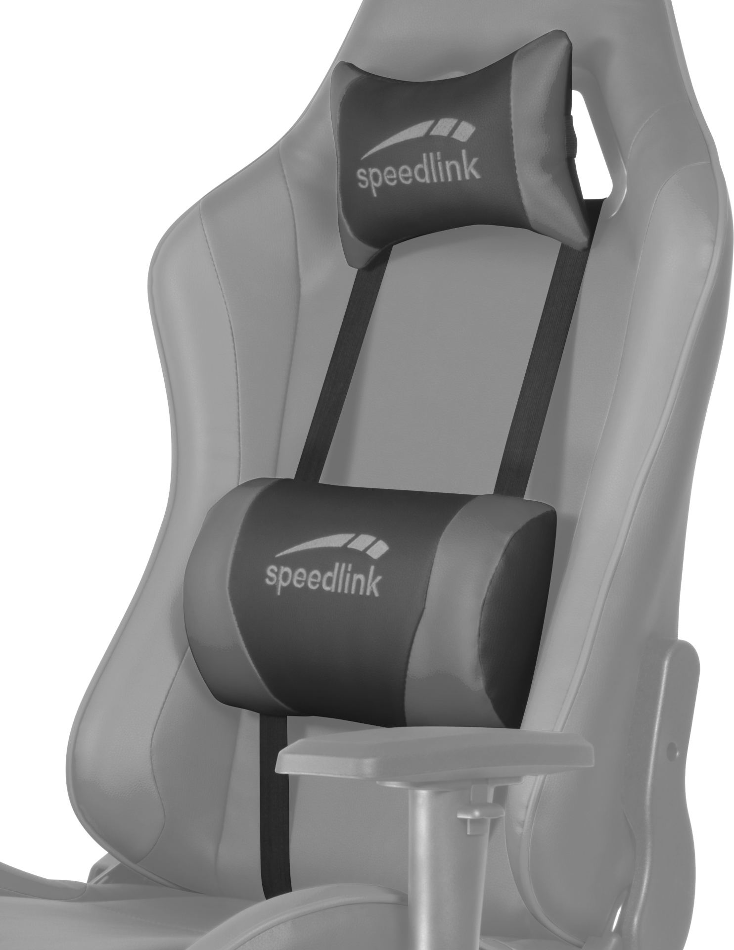 Grauer Gaming-Stuhl mit Nacken- und Lendenkissen von Speedlink.