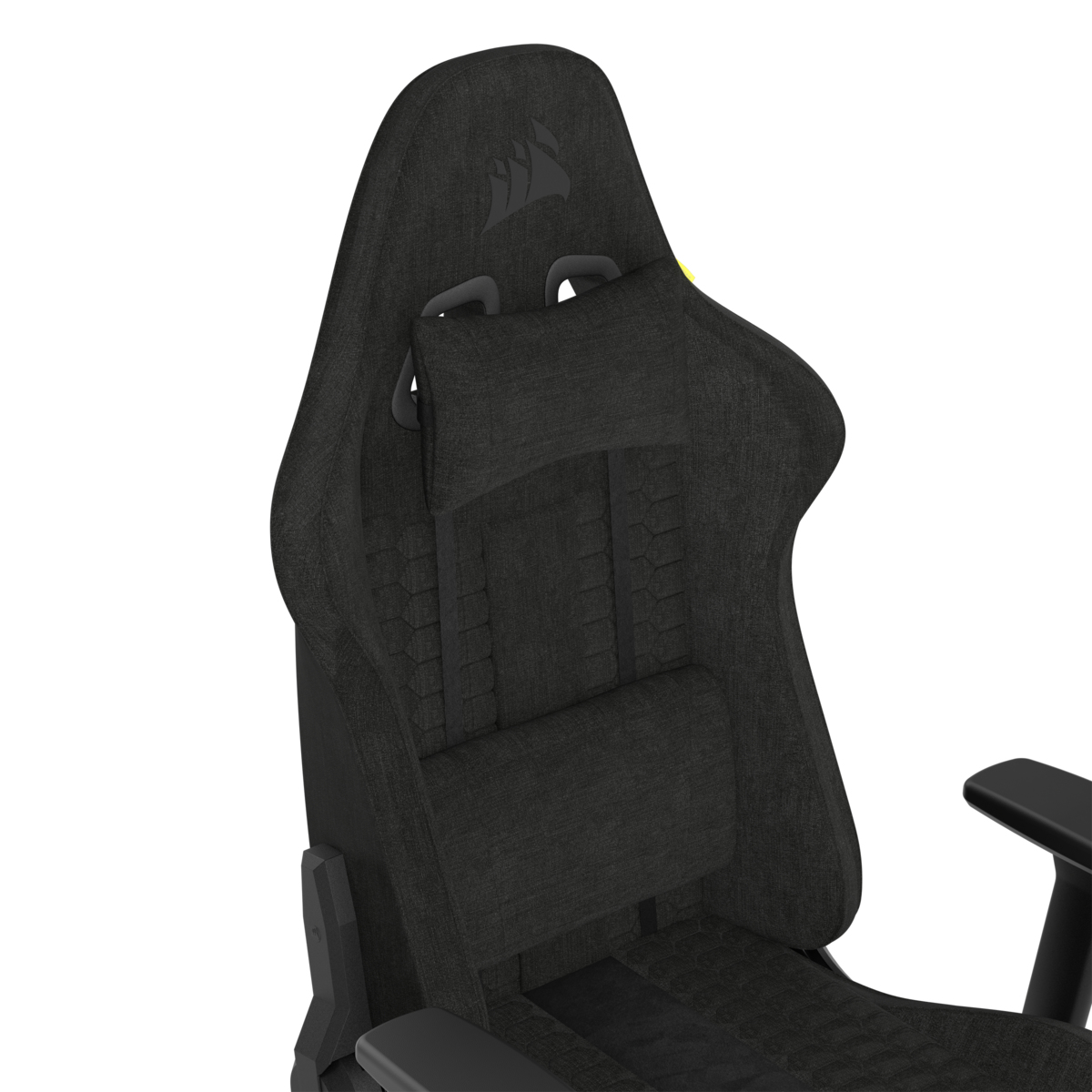 Ein schwarzer Gaming-Stuhl mit einem Kissen und dem Corsair-Logo.