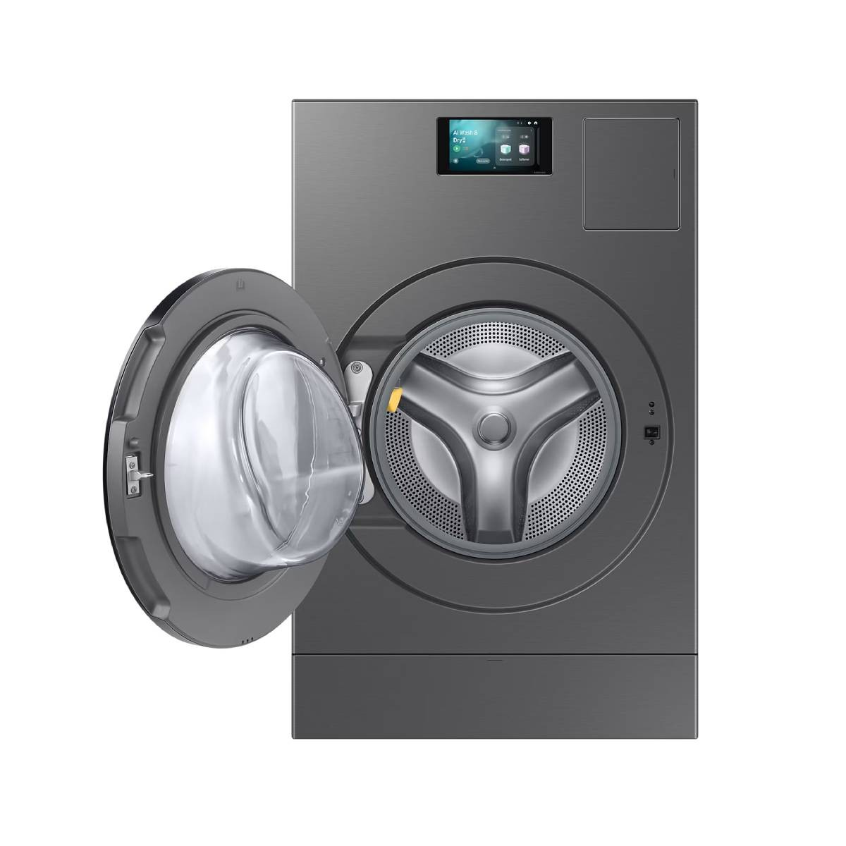 Eine moderne graue Waschmaschine mit offener Tür, die die Trommel freigibt.