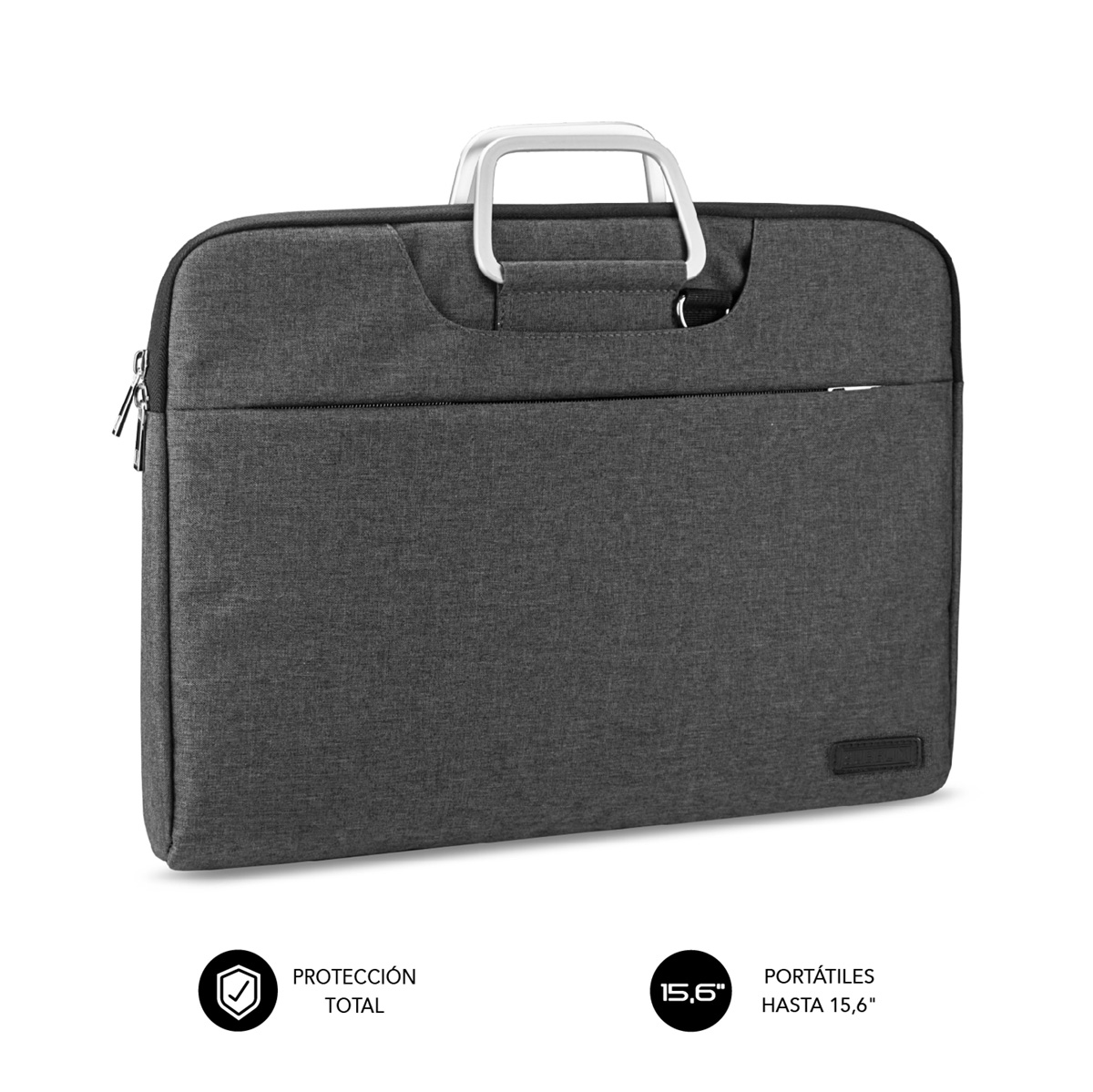 Maletín gris oscuro para portátil con asa plateada y cremallera. Incluye iconos de protección y 15,6 pulgadas.