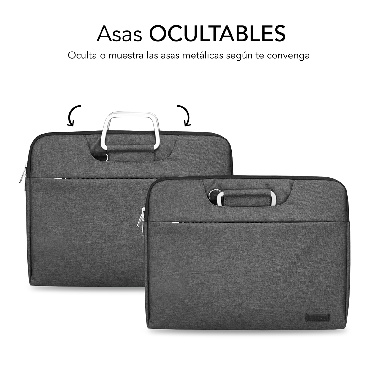 Dos fundas de portátil grises, una con asa desplegable, sobre fondo blanco.