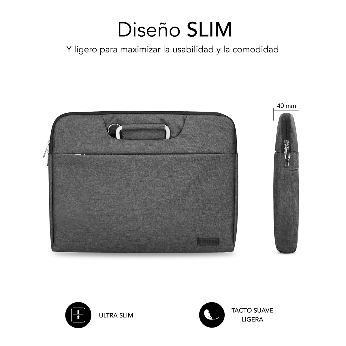 Funda gris para portátil con asas y cremallera, 40 mm de grosor.