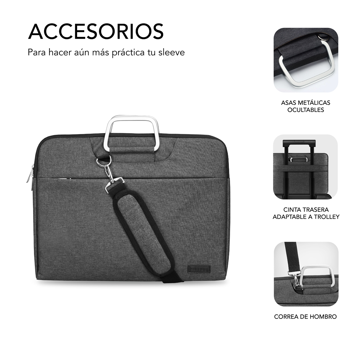 Una bolsa para portátil gris oscuro con asa plateada, correa y correa para trolley.