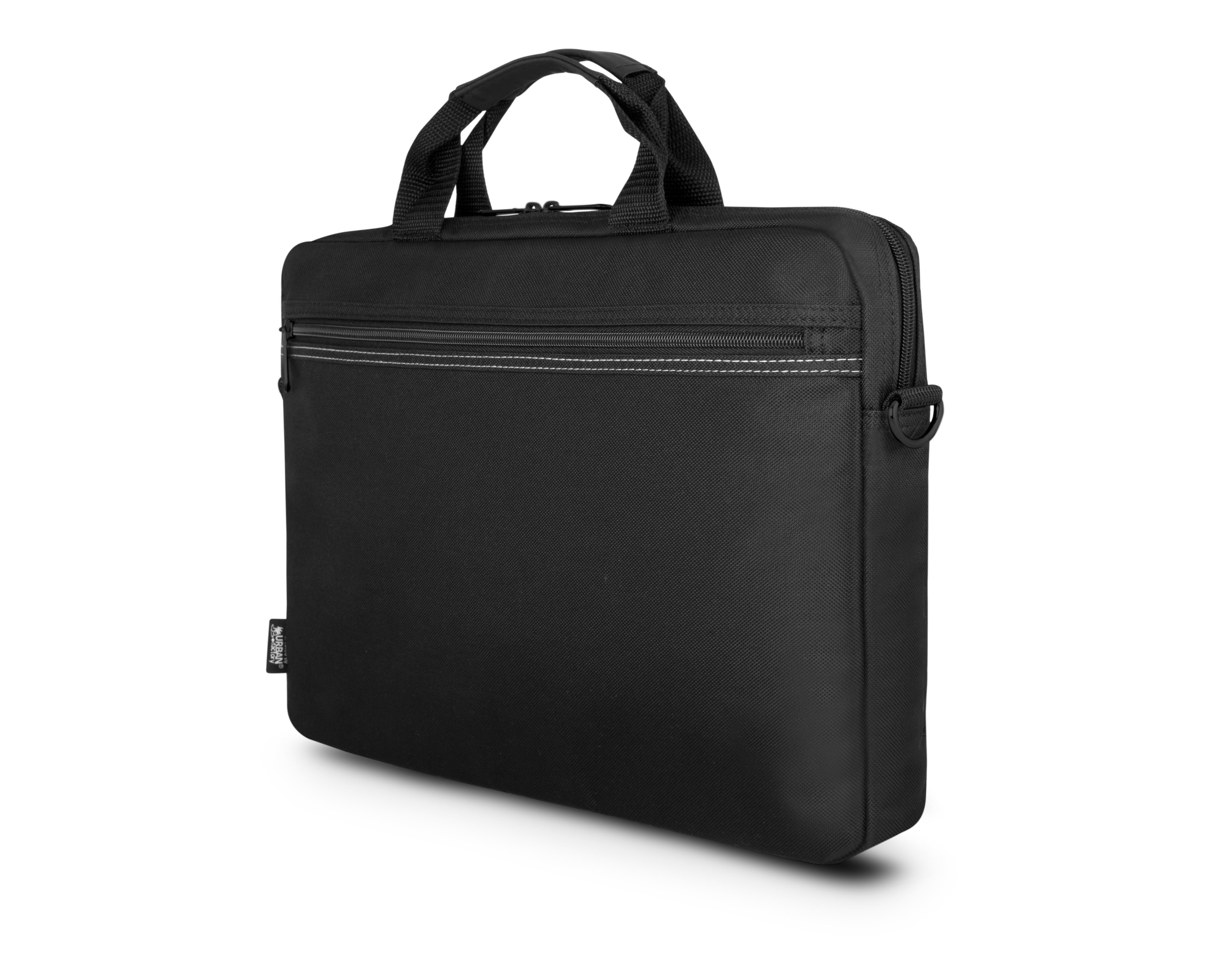 Borsa nera per laptop con due manici e chiusura a cerniera.