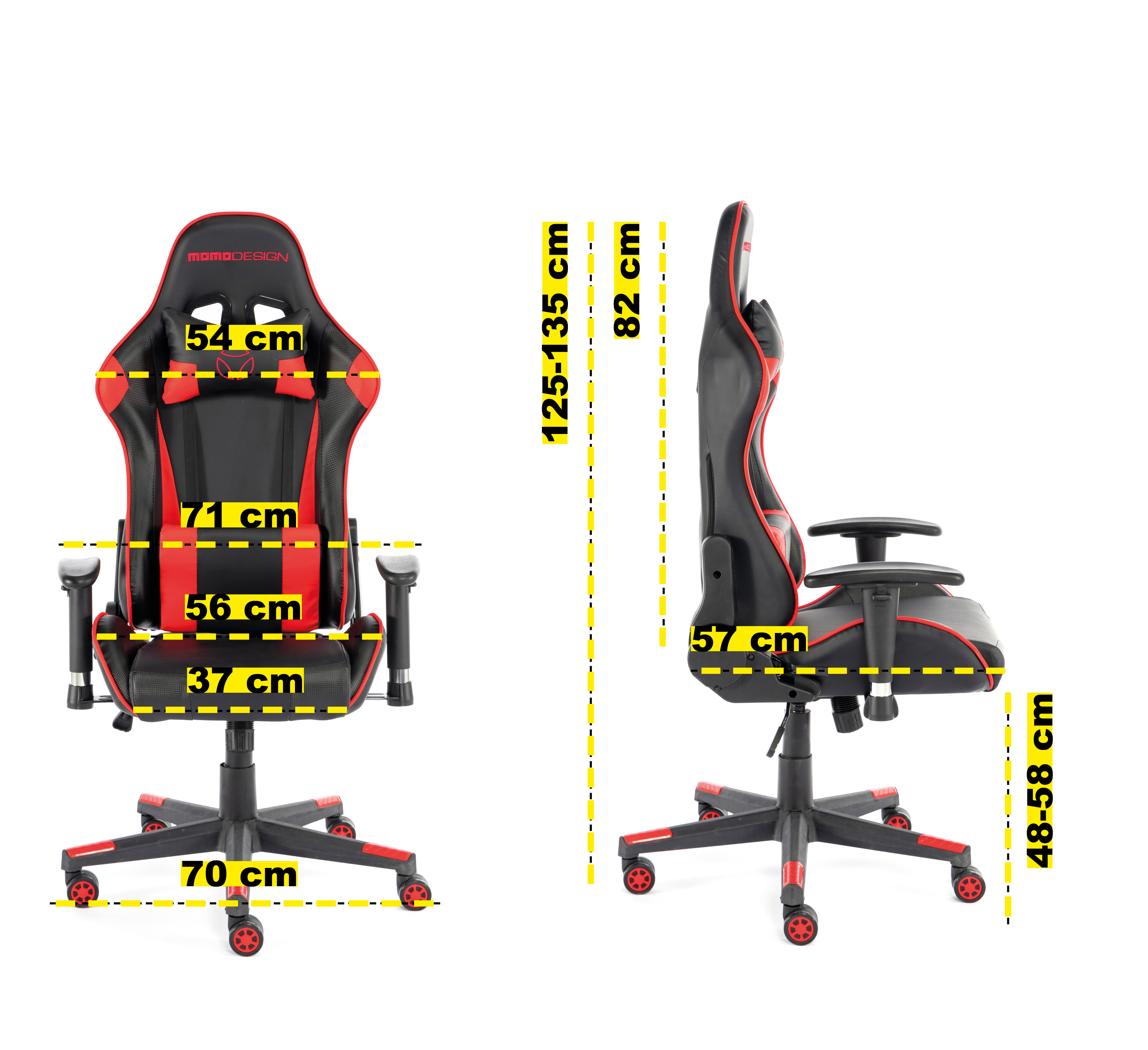 Schwarzer Gaming-Stuhl mit roten Akzenten, Maße aufgedruckt.