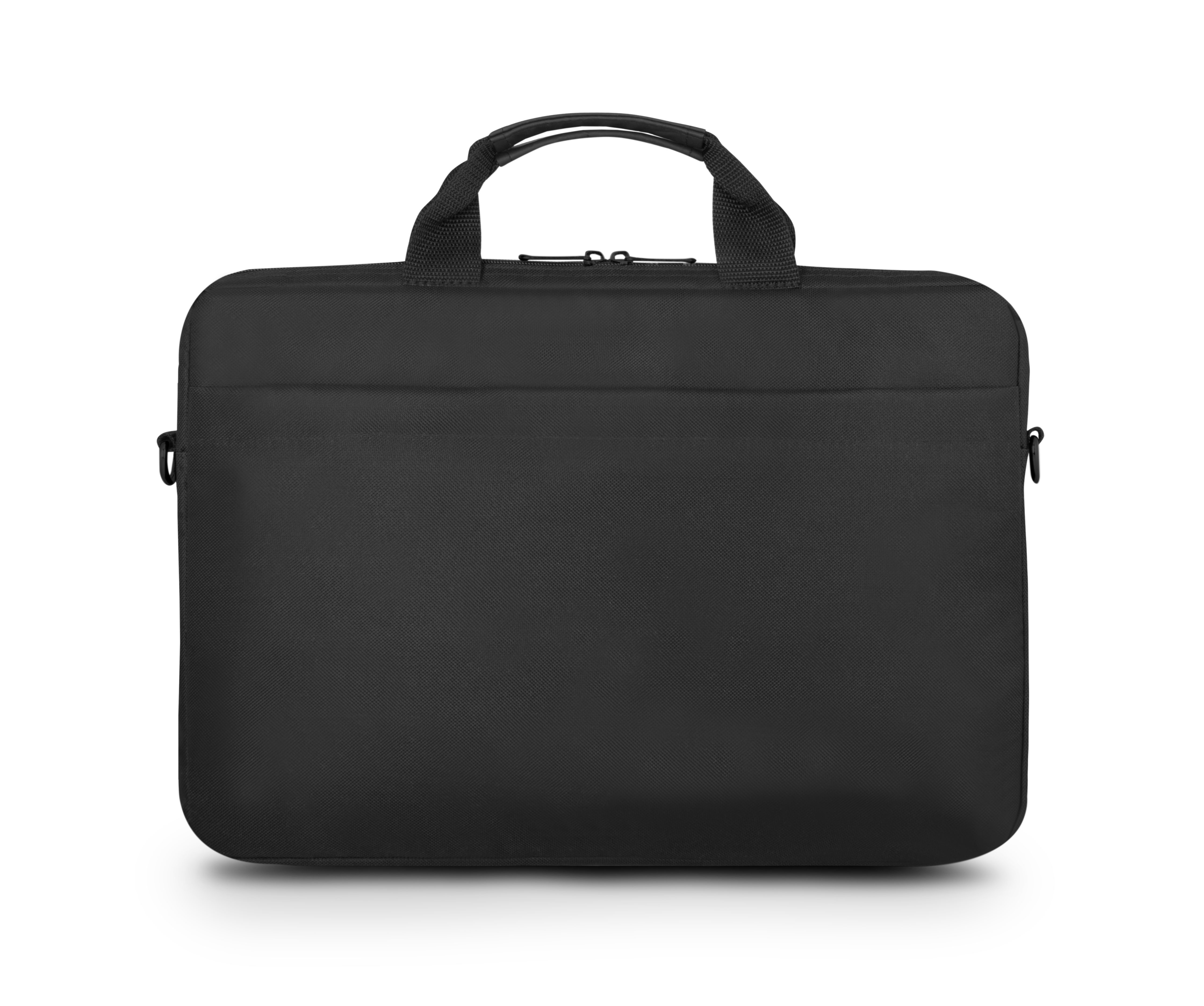 Borsa nera per laptop con due manici e tracolla rimovibile.