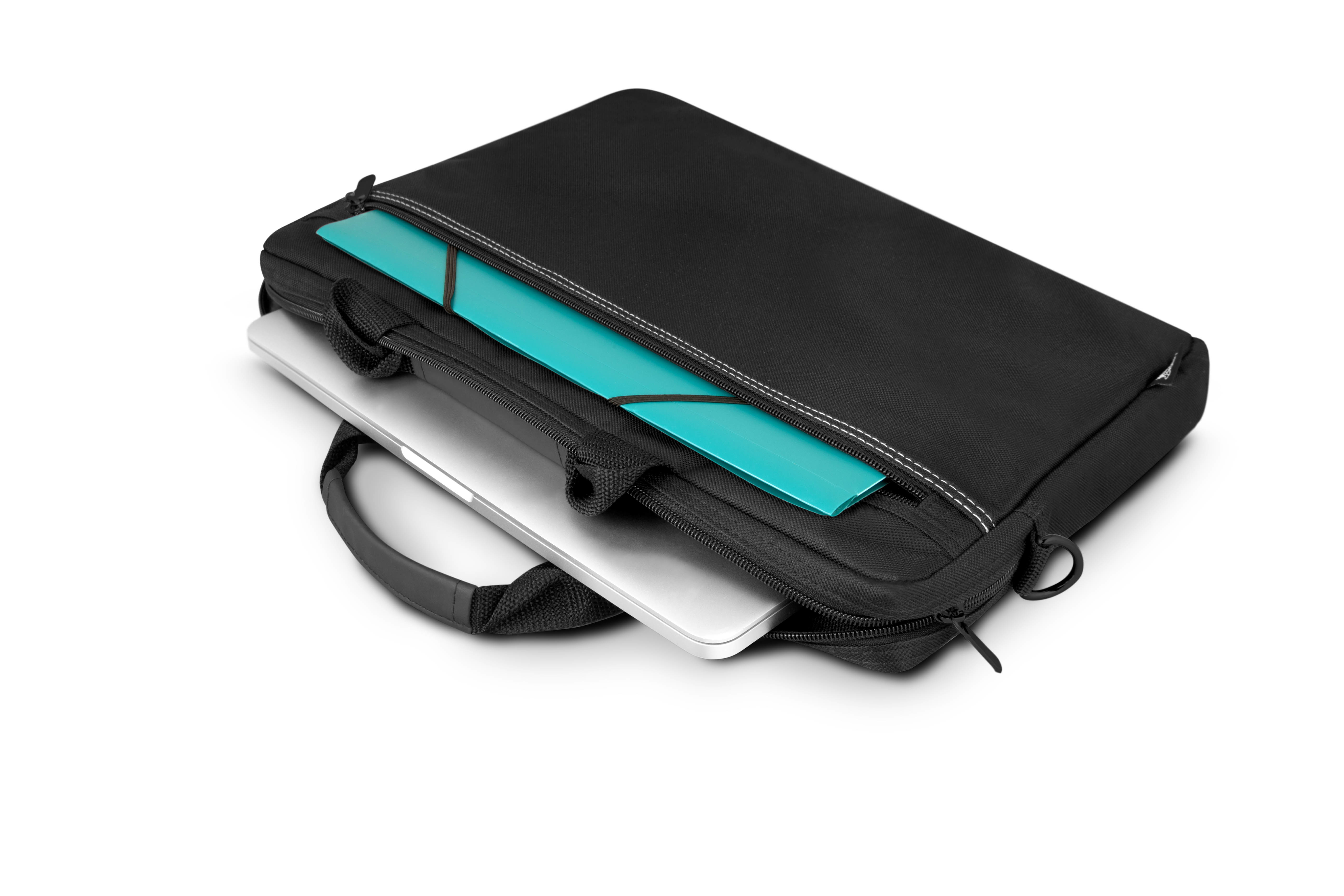 Un laptop argentato in una borsa nera con una cartellina turchese.