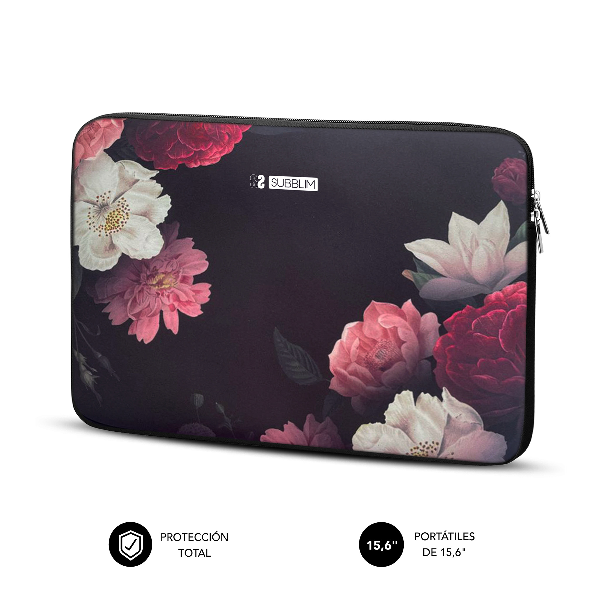 Funda de portátil negra con estampado floral rojo y blanco.