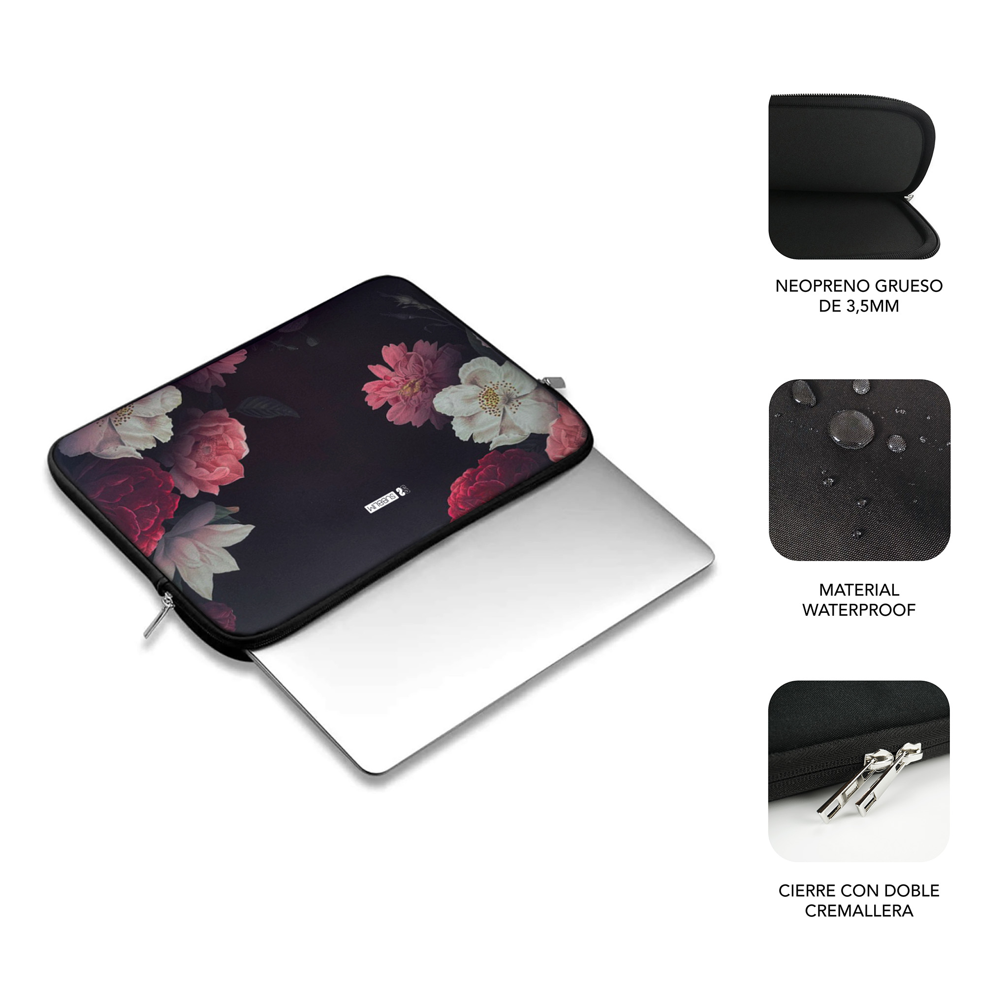 Funda de portátil negra con estampado floral, portátil y detalle de cremallera.