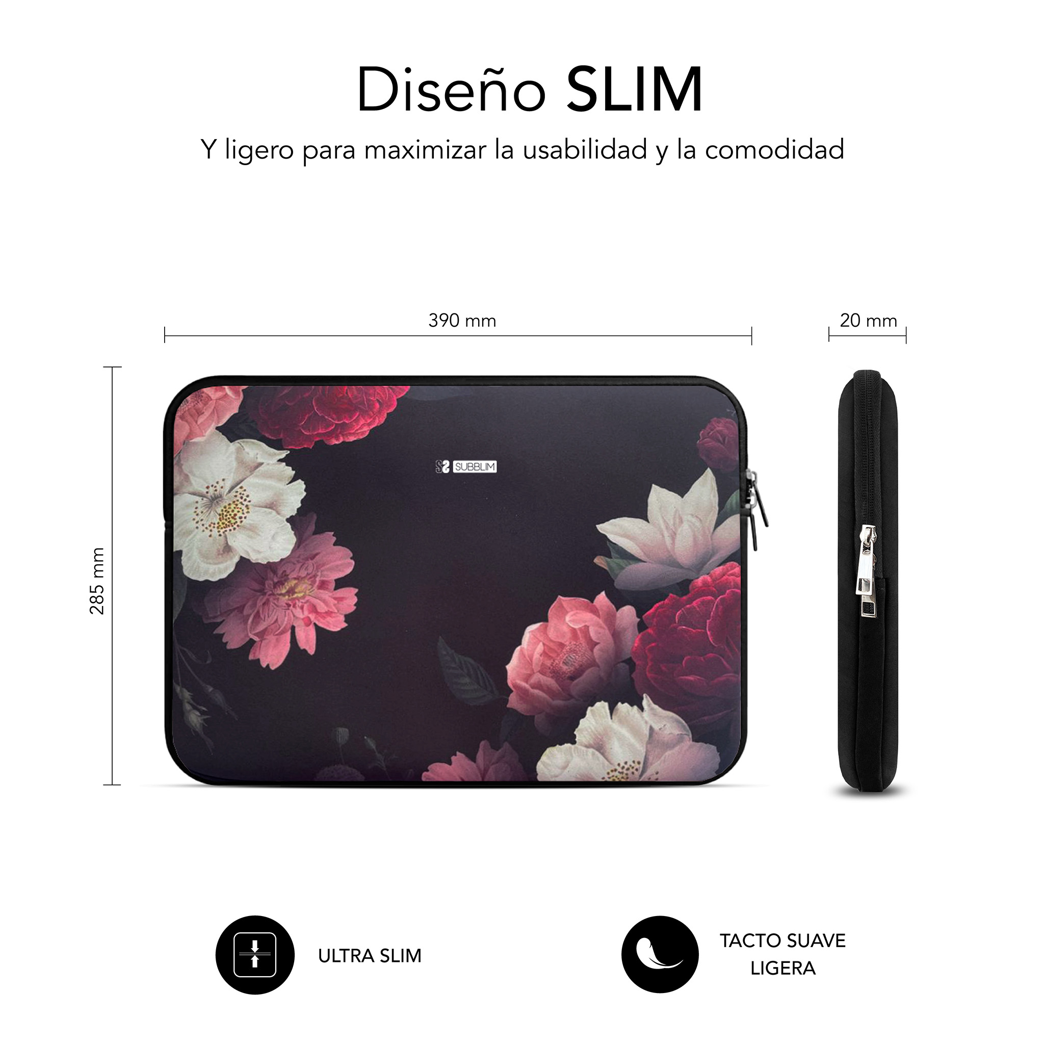 Funda de portátil negra con estampado floral, 390x285x20mm.