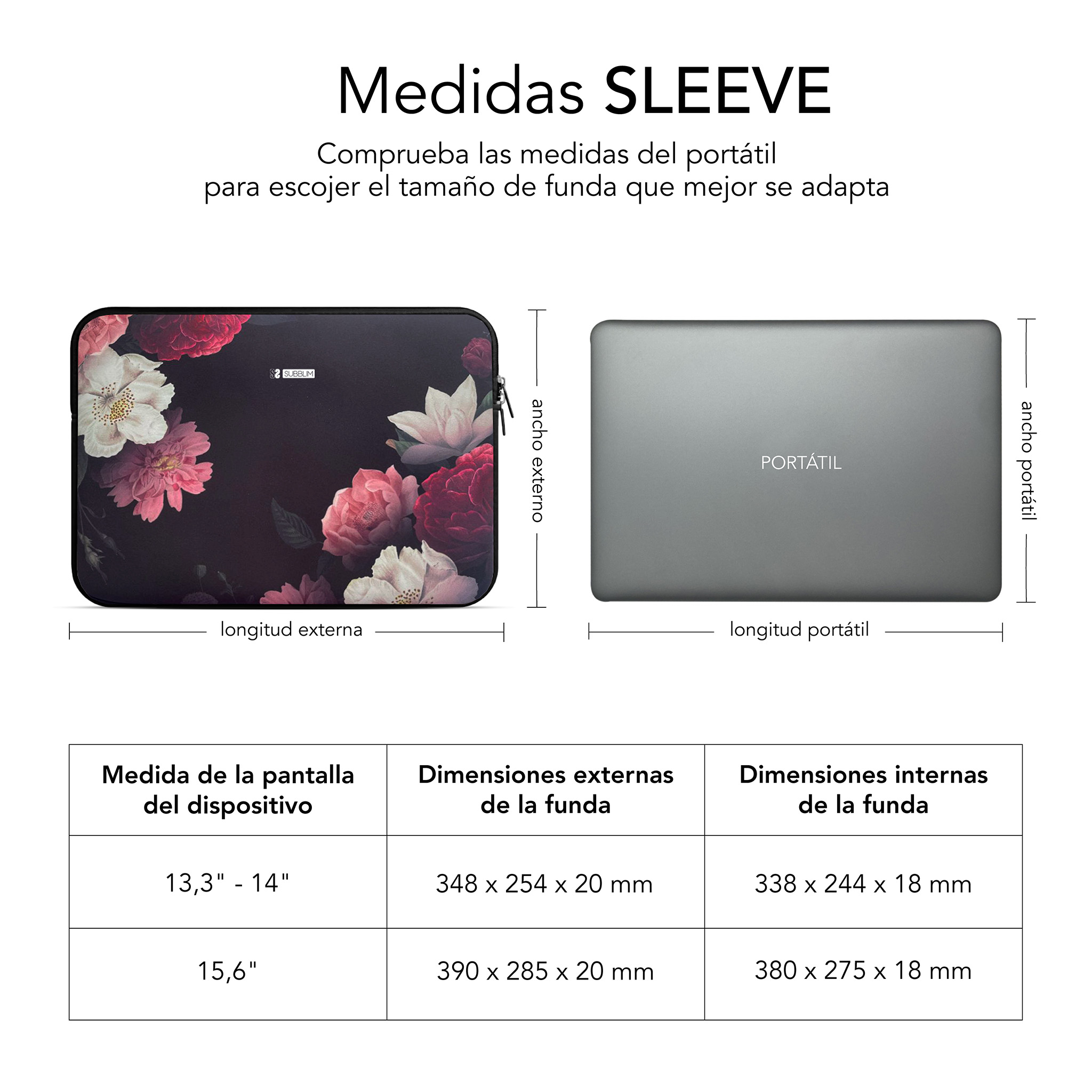 Ilustración de las dimensiones de la funda del portátil con diagrama y tabla.