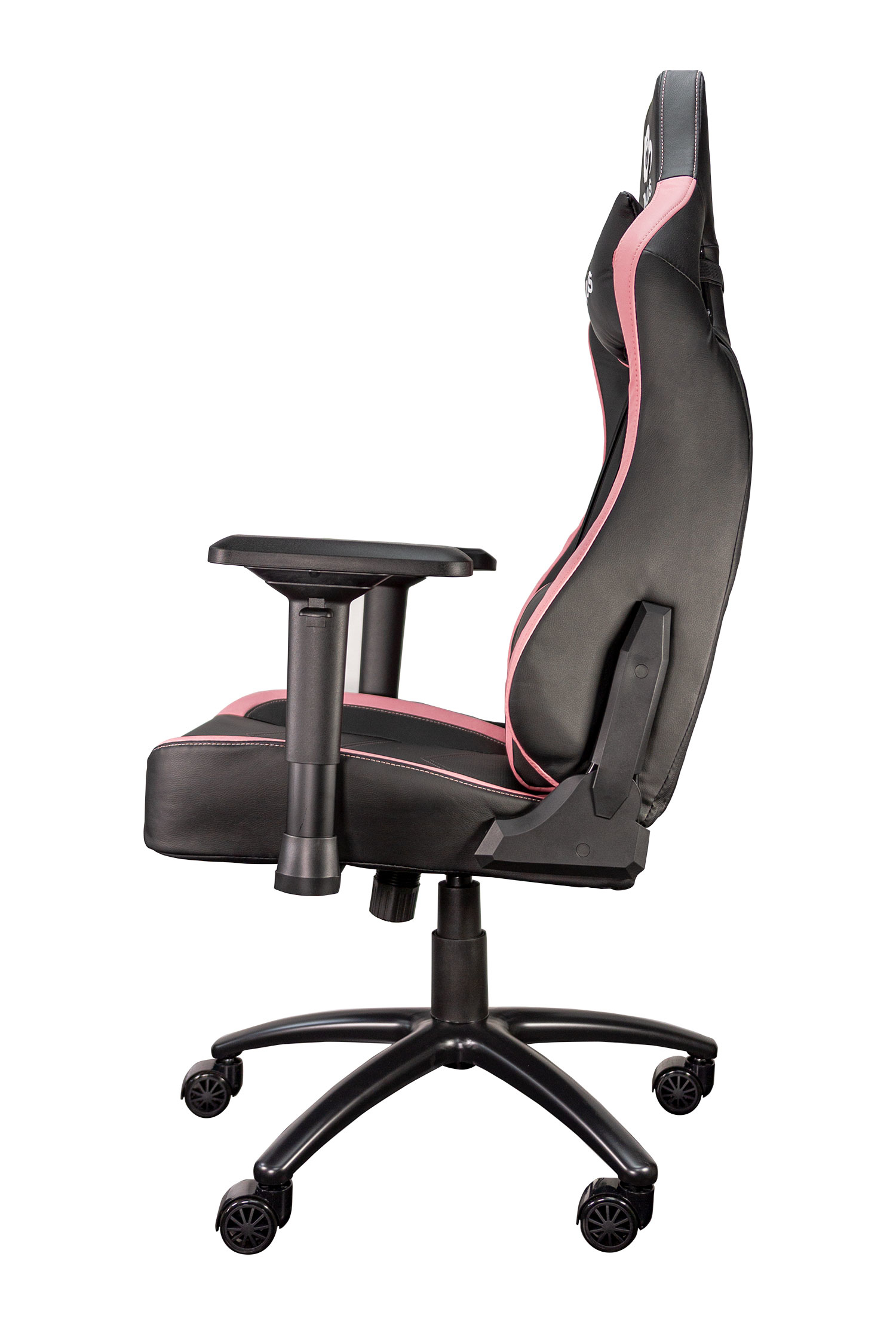 Silla gamer negra con detalles rosas, vista lateral.