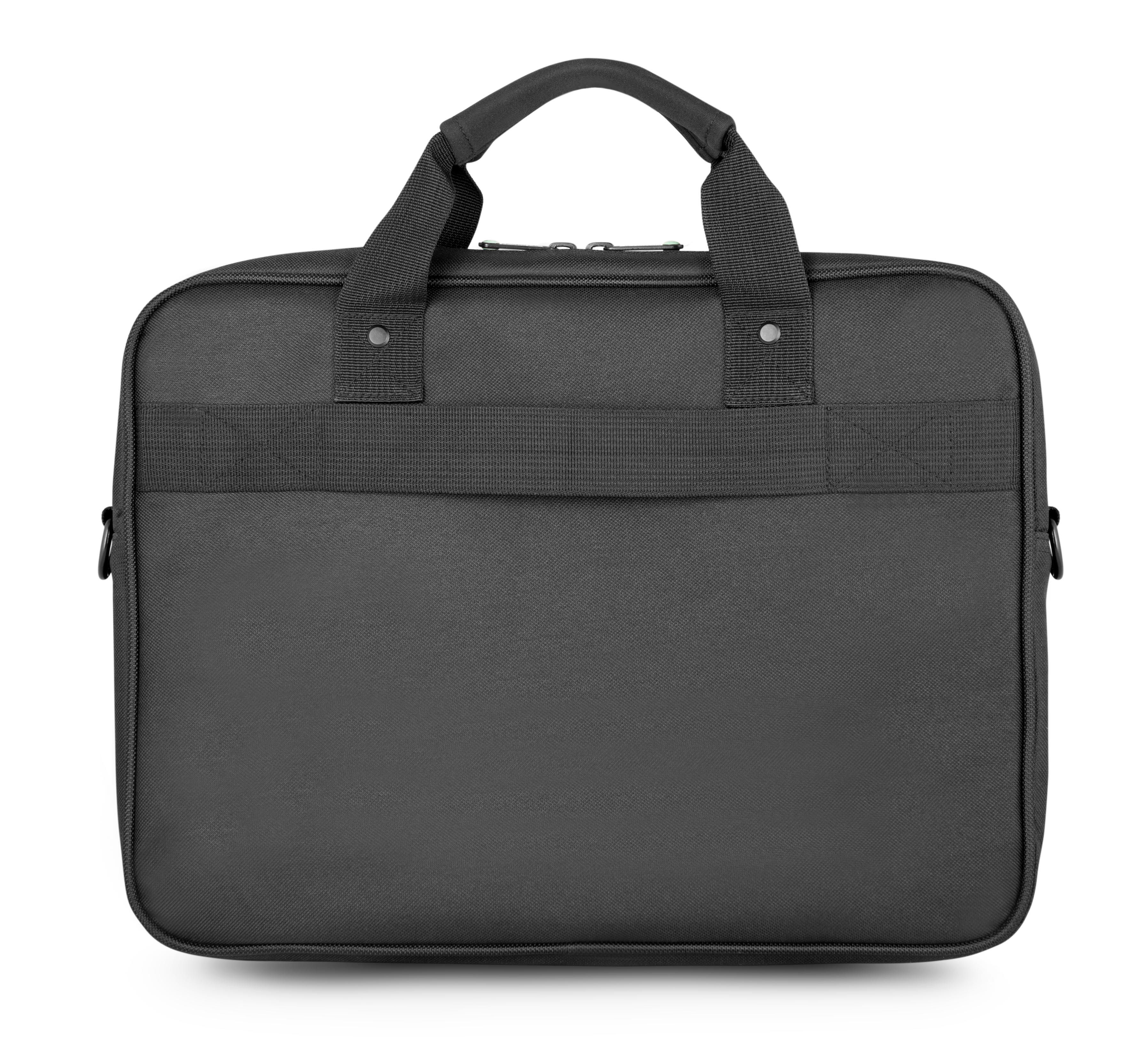 Schwarze Laptoptasche mit Henkeln und Reißverschluss.