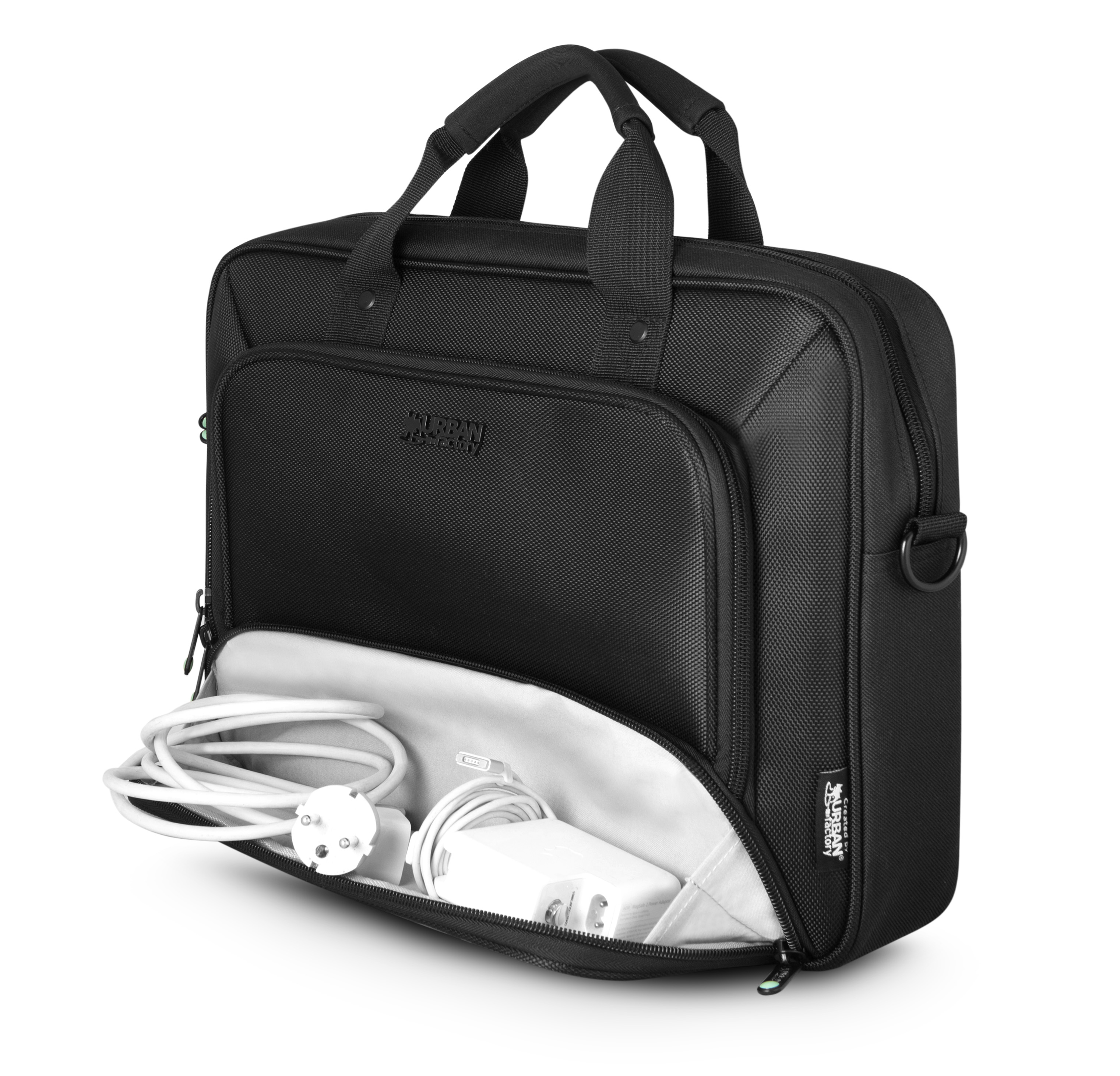 Schwarze Laptoptasche mit geöffnetem Fach, das weiße Kabel und Ladegerät zeigt.