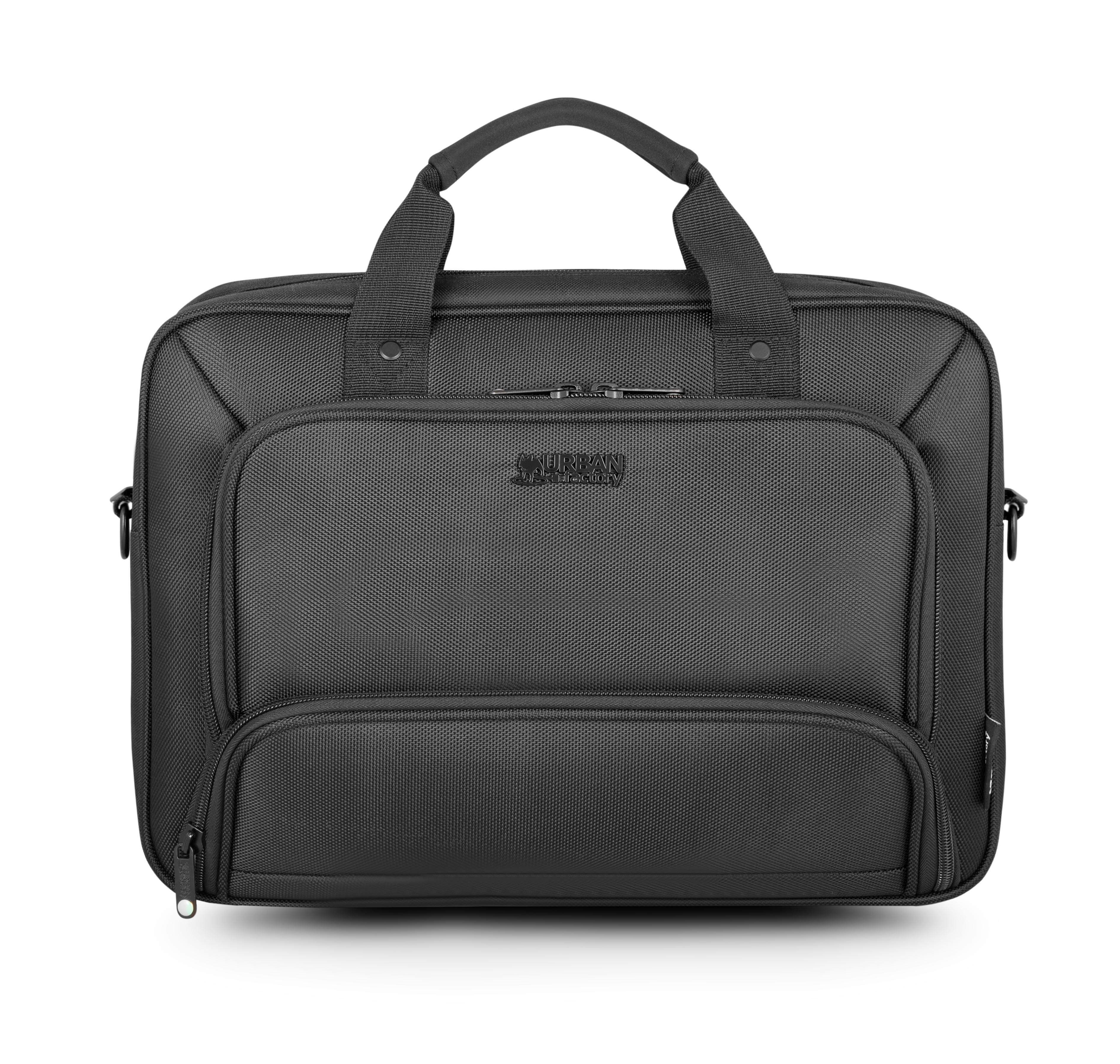 Schwarze Laptoptasche mit Henkeln, Reißverschlussfächern und Logo.