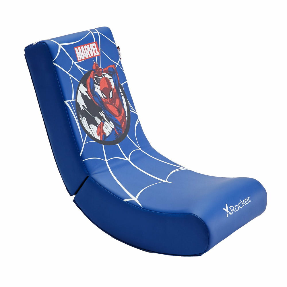 Blauer Schaukelstuhl mit Spiderman- und Marvel-Logo, Spinnennetz-Design.