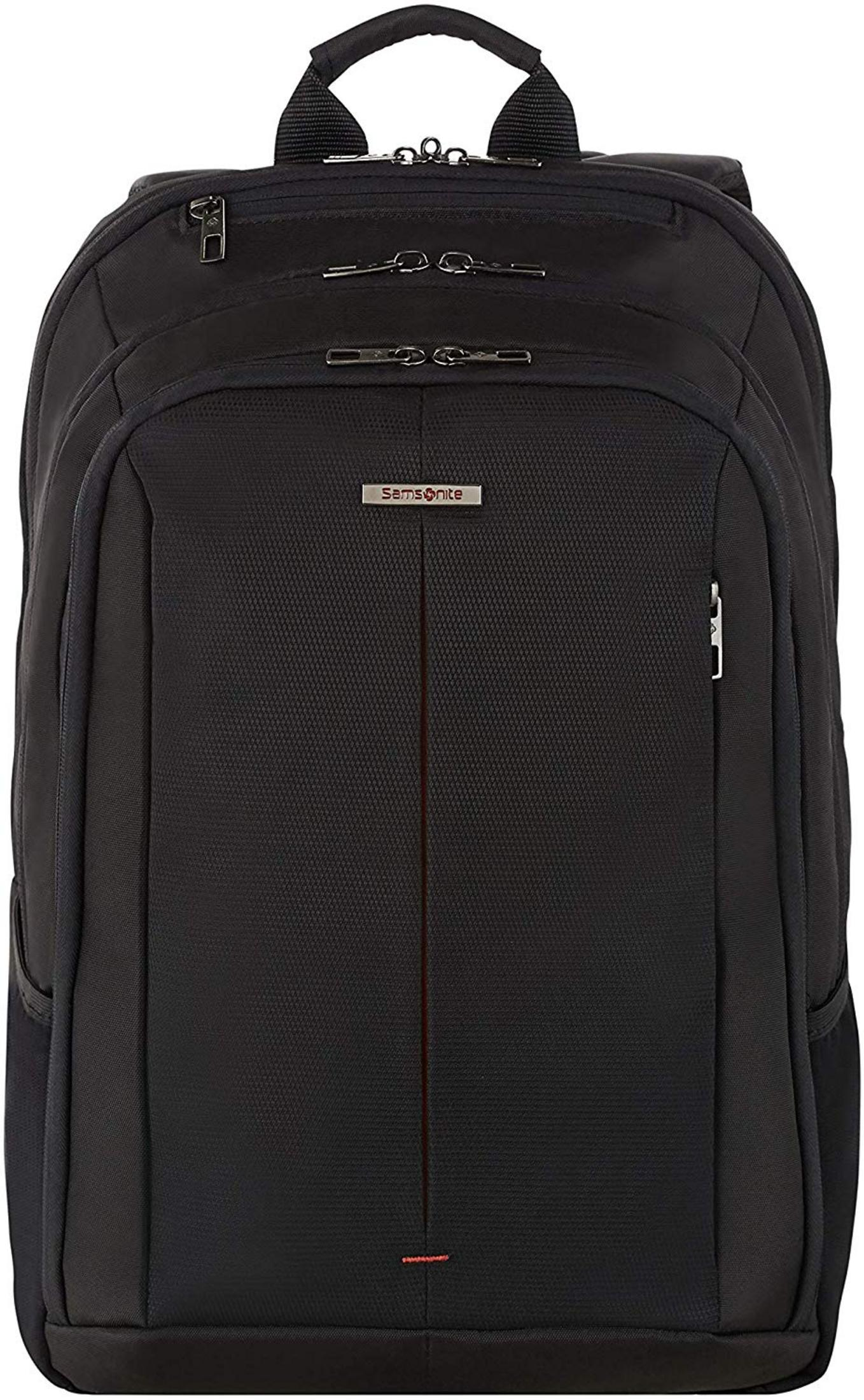 Una mochila negra Samsonite con compartimentos con cremallera y una franja roja.