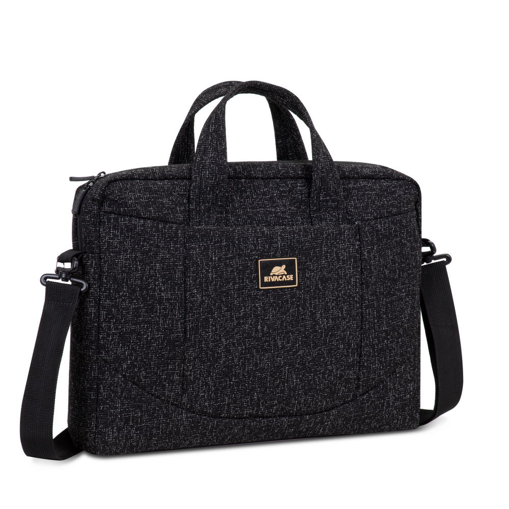 Borsa nera per laptop con manici e tracolla, logo sul davanti.