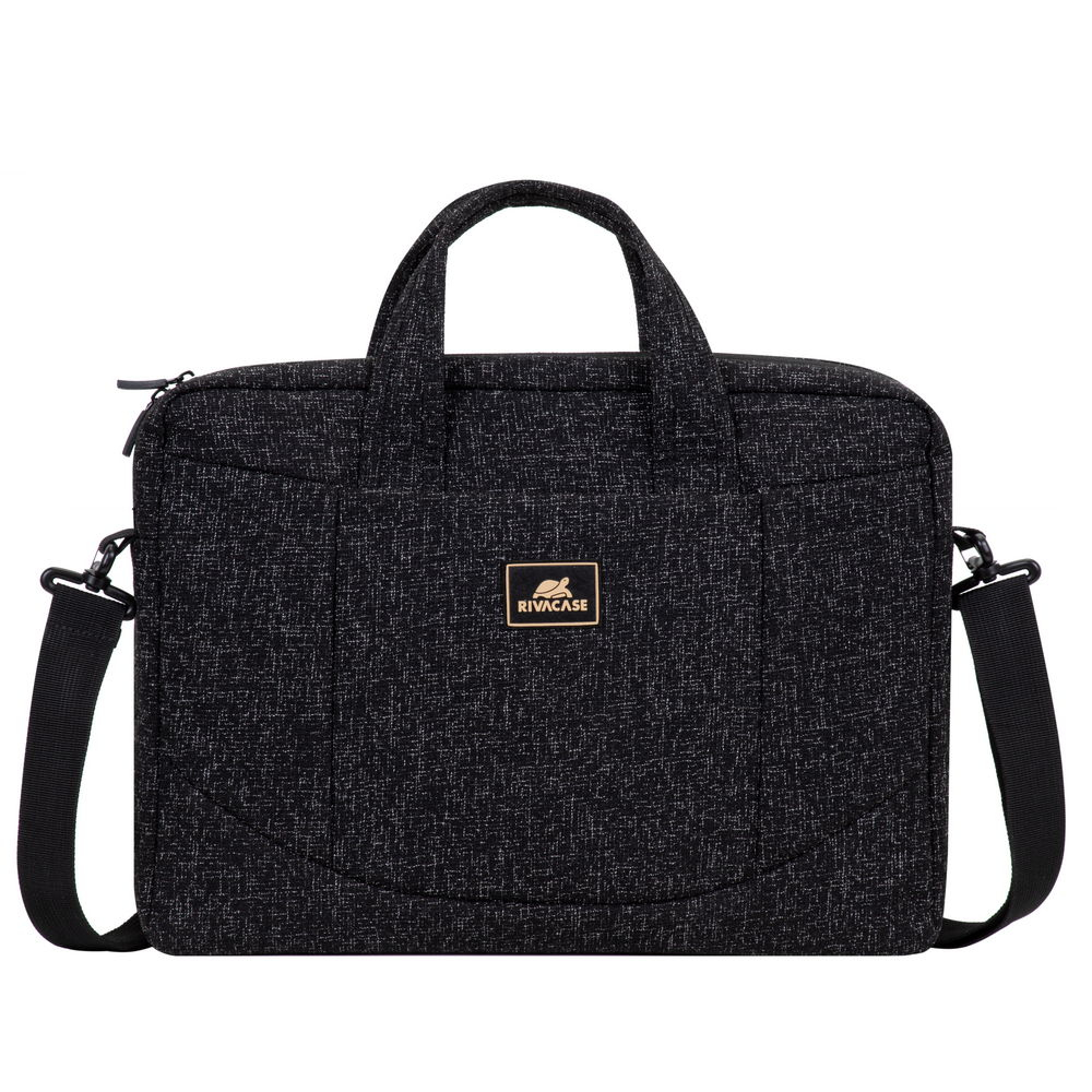 Borsa nera per laptop con manici e tracolla, logo RIVACASE.
