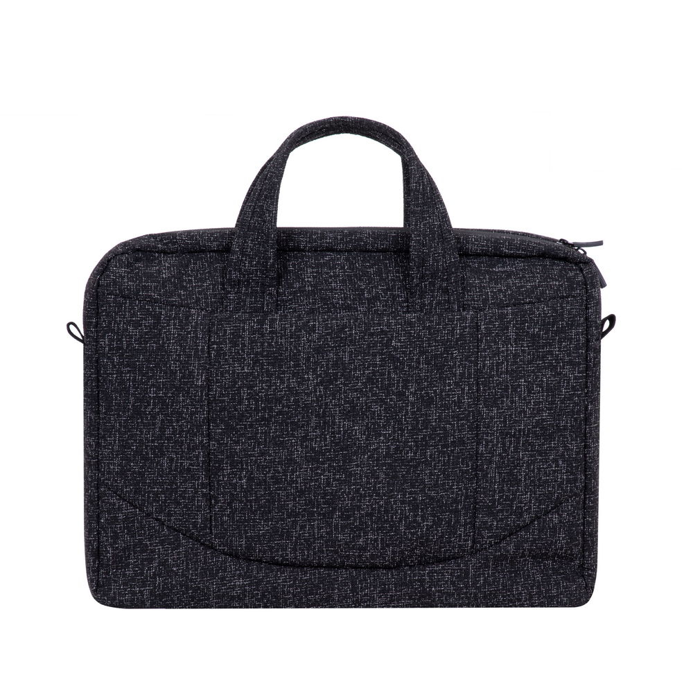 Borsa scura per laptop con manici e chiusura a zip.