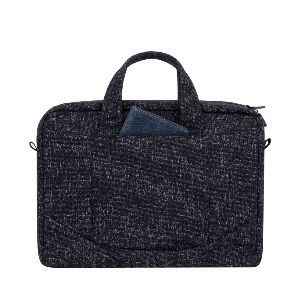 Borsa per laptop grigio scuro fantasia con portafoglio blu nella tasca frontale.