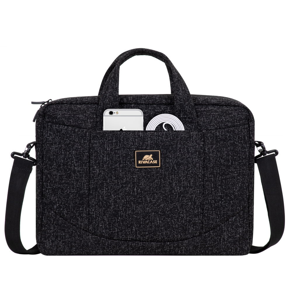 Borsa nera RIVACASE per laptop con tasca frontale per telefono e caricabatterie.