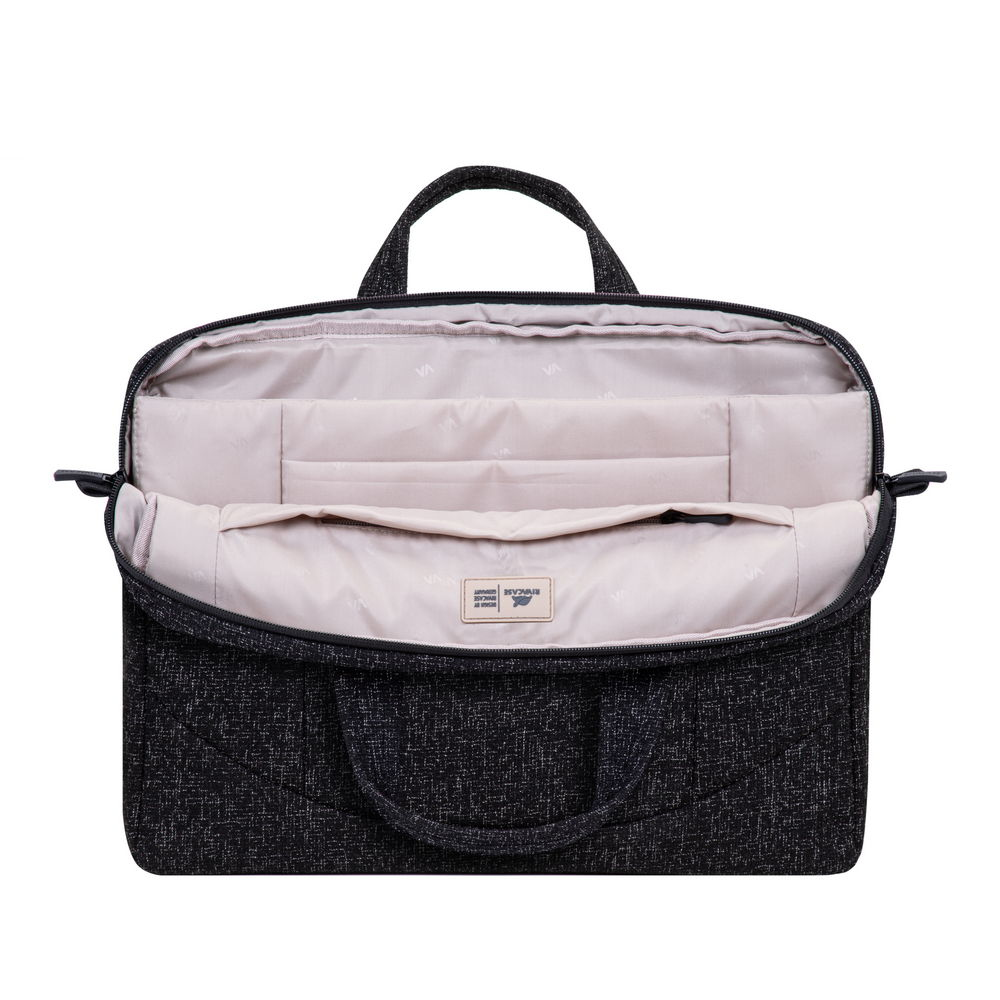 Borsa aperta nera testurizzata per laptop con interno imbottito e manici.