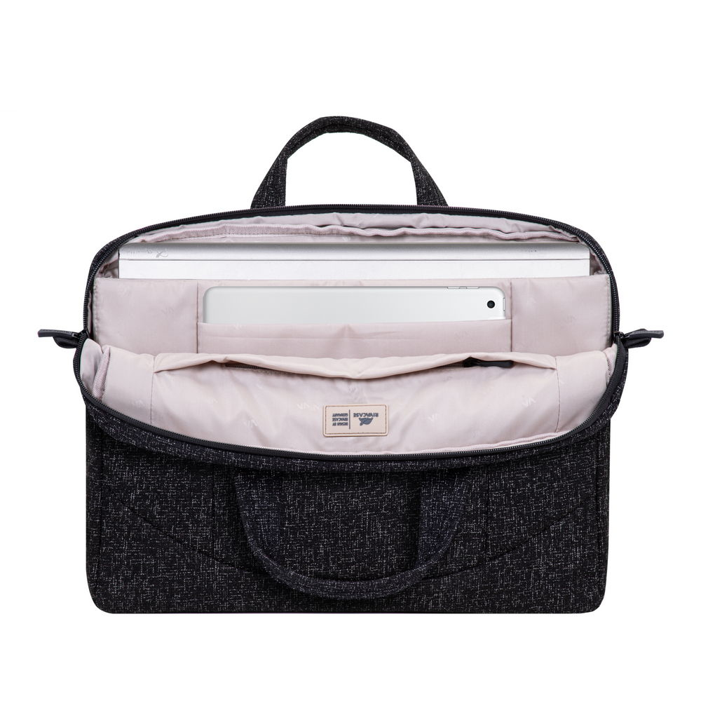 Borsa nera per laptop con scomparto aperto contenente un laptop e un tablet.