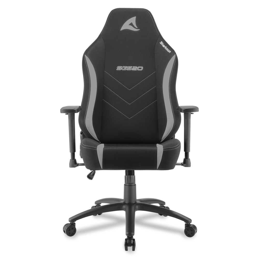 Una silla gamer negra con detalles grises y el logo SGS20.
