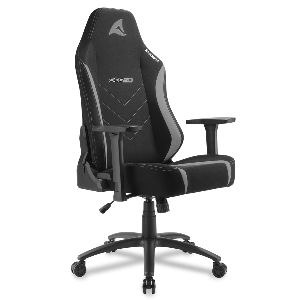 Silla gamer negra con detalles grises y el logo de Sharkoon.