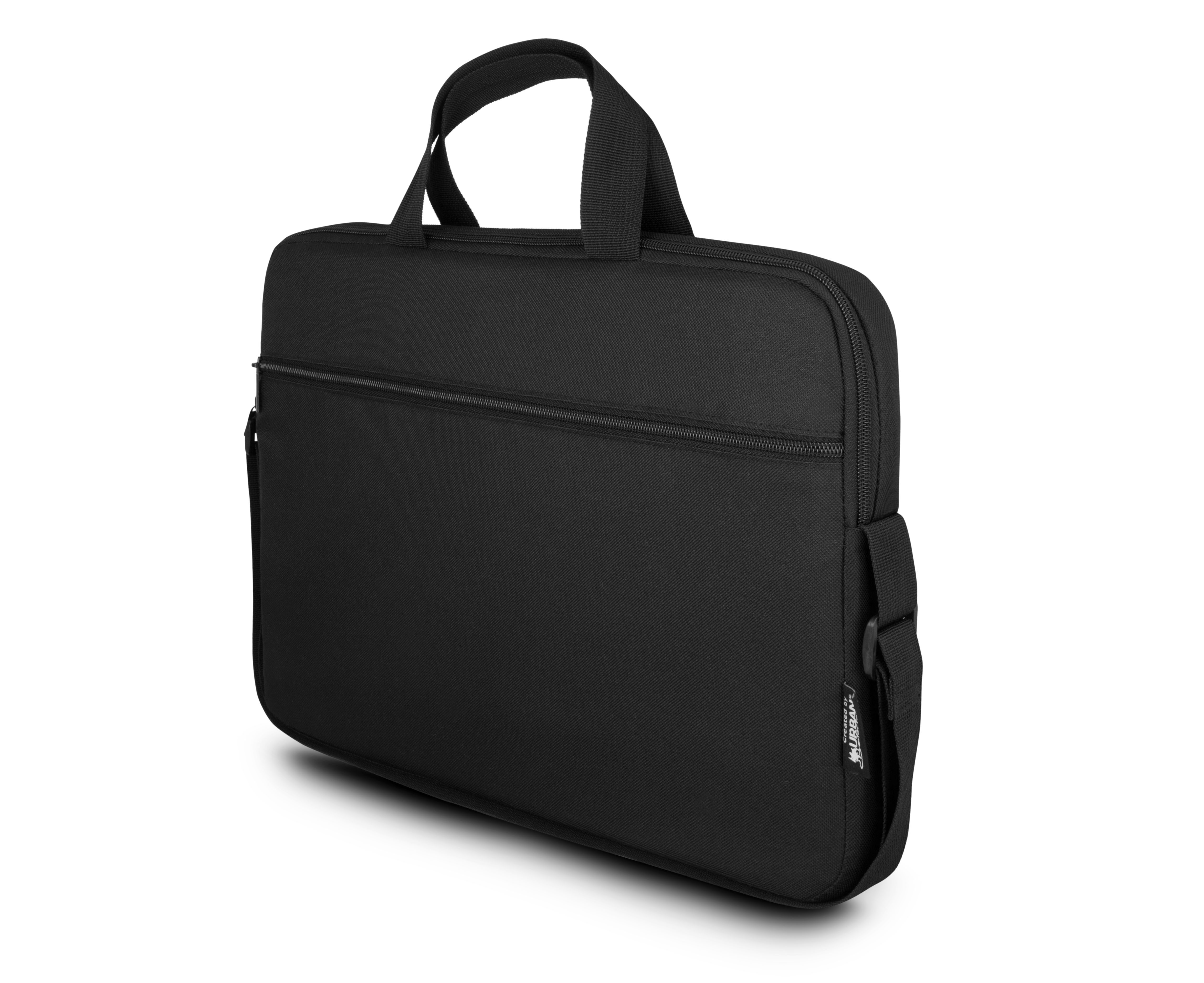 Schwarze Laptoptasche mit Henkel und Umhängegurt.